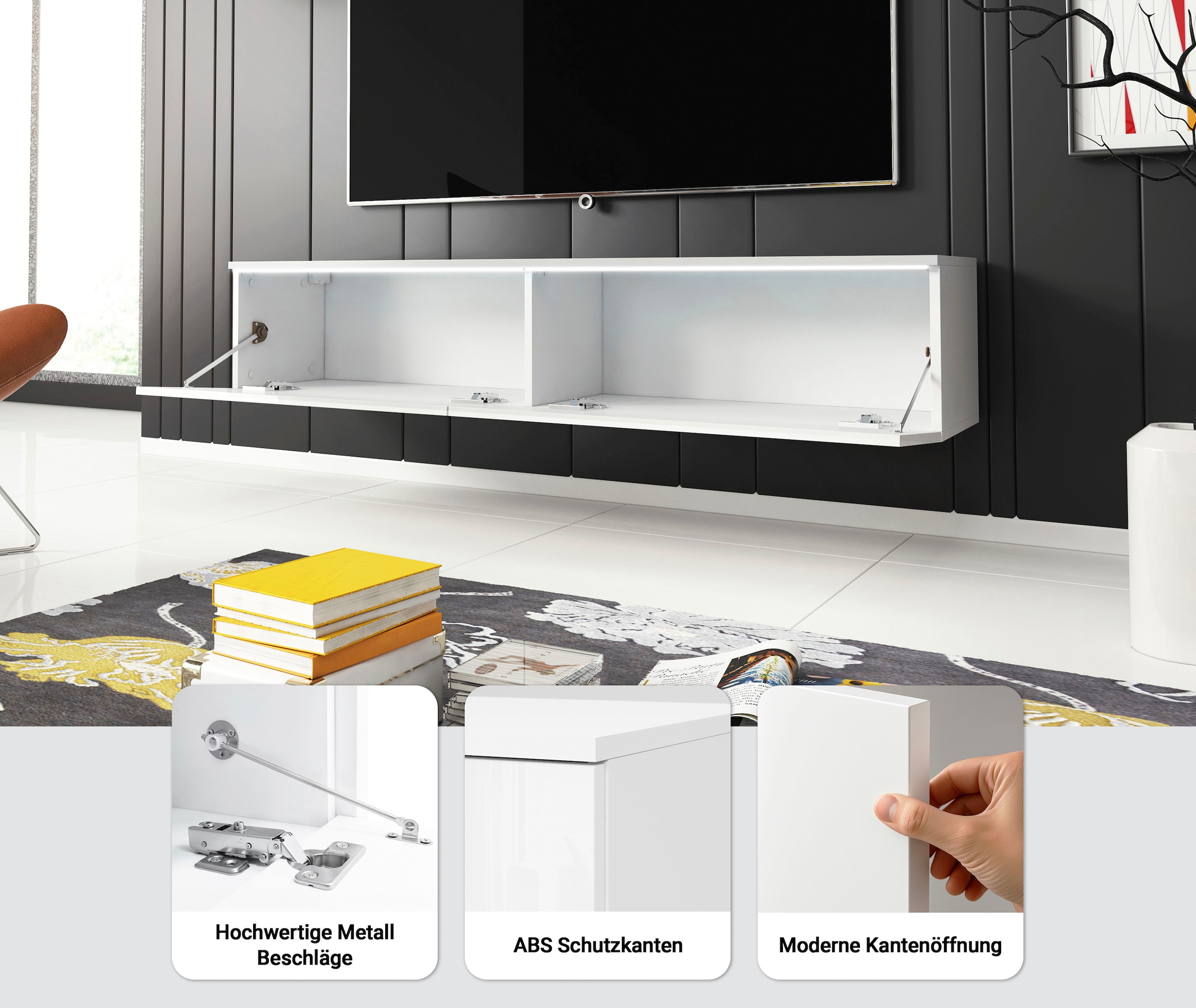 INOSIGN Lowboard »LOWBOARD D, wahlweise mit oder ohne Beleuchtung«, modernes TV-Board ohne Griffe, mit viel Stauraum,stehend und hängend