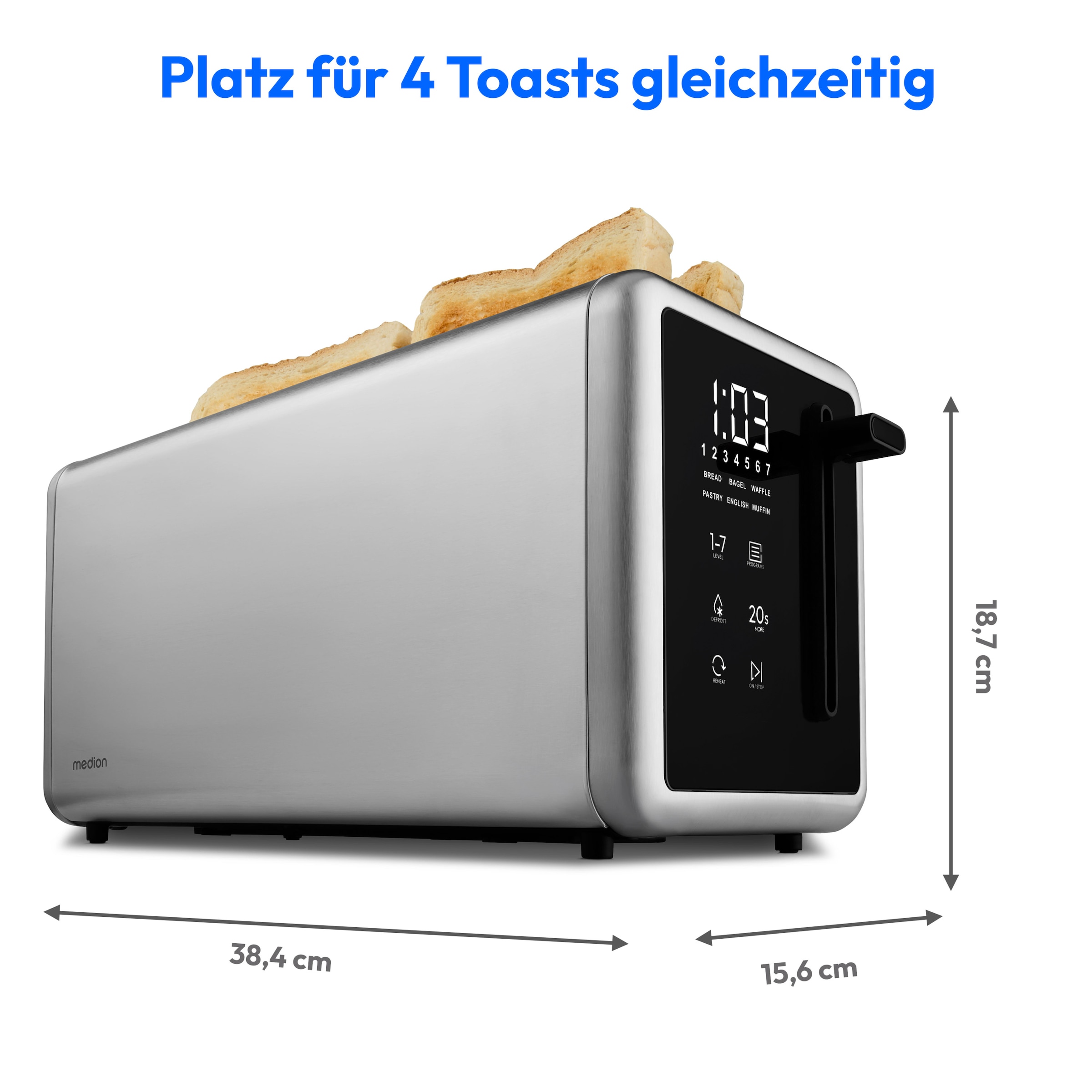 Medion® Toaster »Langschlitztoaster, MD12103, LED Sensor-Touch-Display« 2 lange Schlitze für 4 Scheiben 1450 W abnehmbarer Brötchenaufsatz