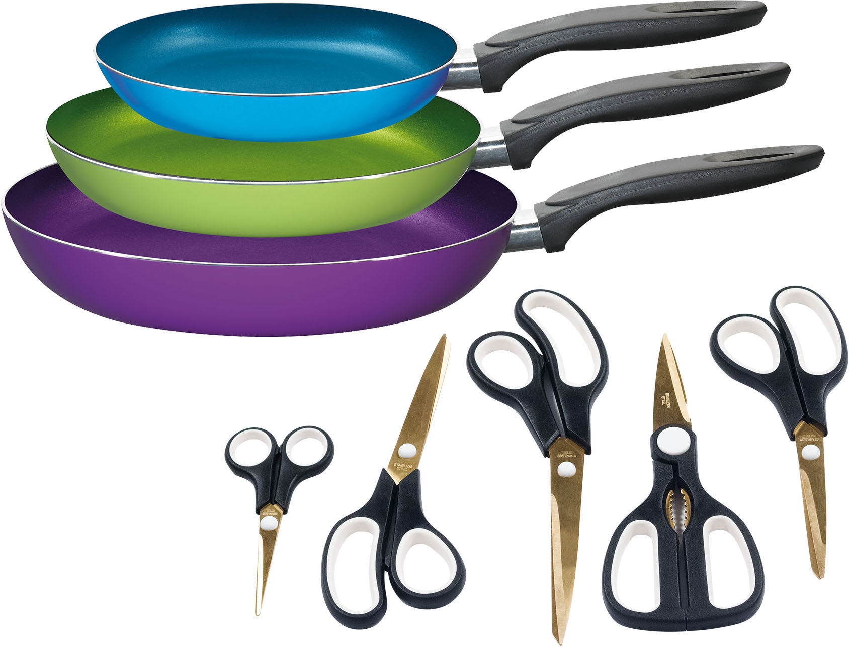 KING Pfannen-Set Aluminium Set, 5 Scheren, 3 Pfannen, 8 Stk. tlg. Induktion, Keramikbeschichtung bunt