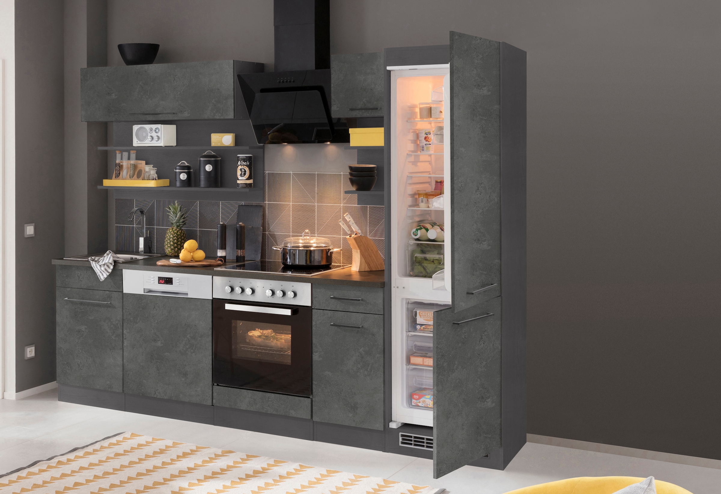 KOCHSTATION Küchenzeile »KS-Tulsa« ohne E-Geräte, Breite 270 cm, schwarze Metallgriffe, MDF Fronten