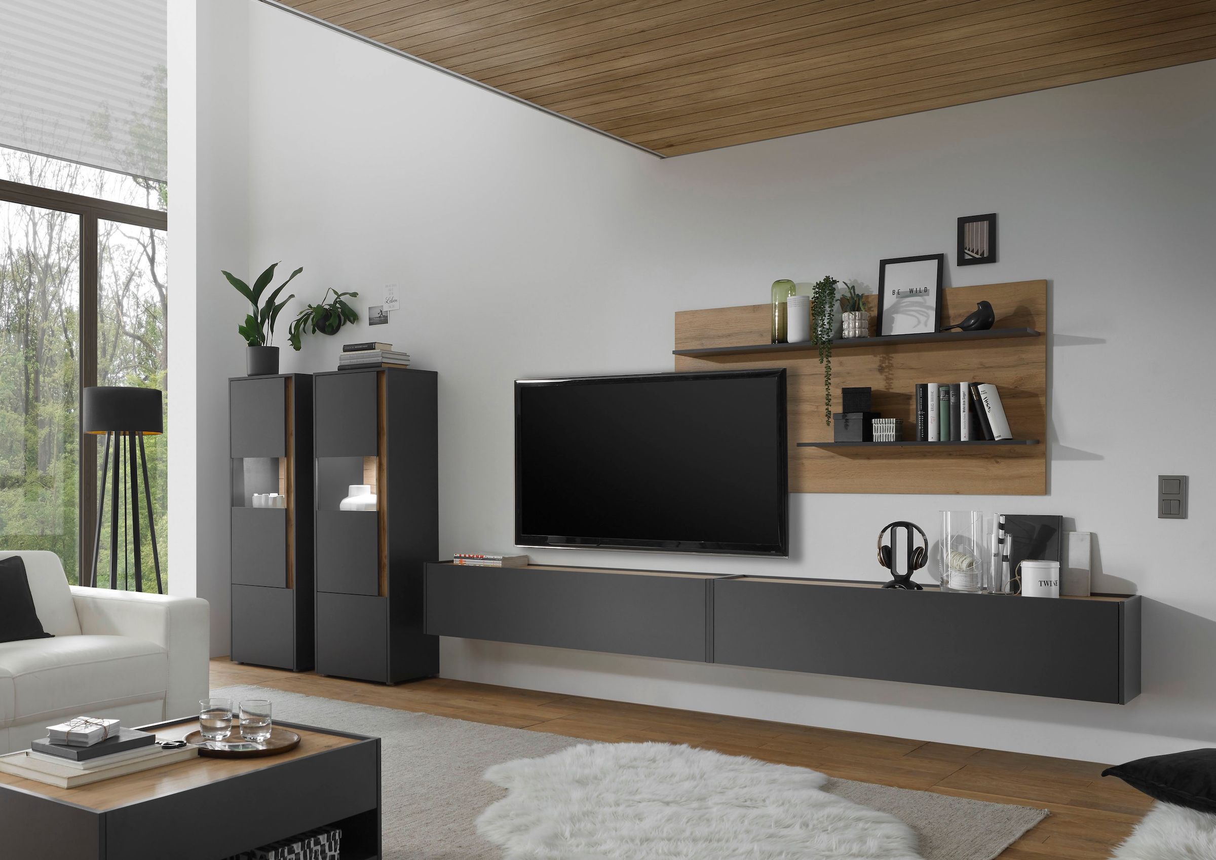 INOSIGN Wohnwand »City/Giron, moderne Anbauwand, Komplettset in vielen Farben verfügbar«, (Set, 5 St.), enthält zwei Vitrinen, zwei Hängeschränke & ein Wandboard