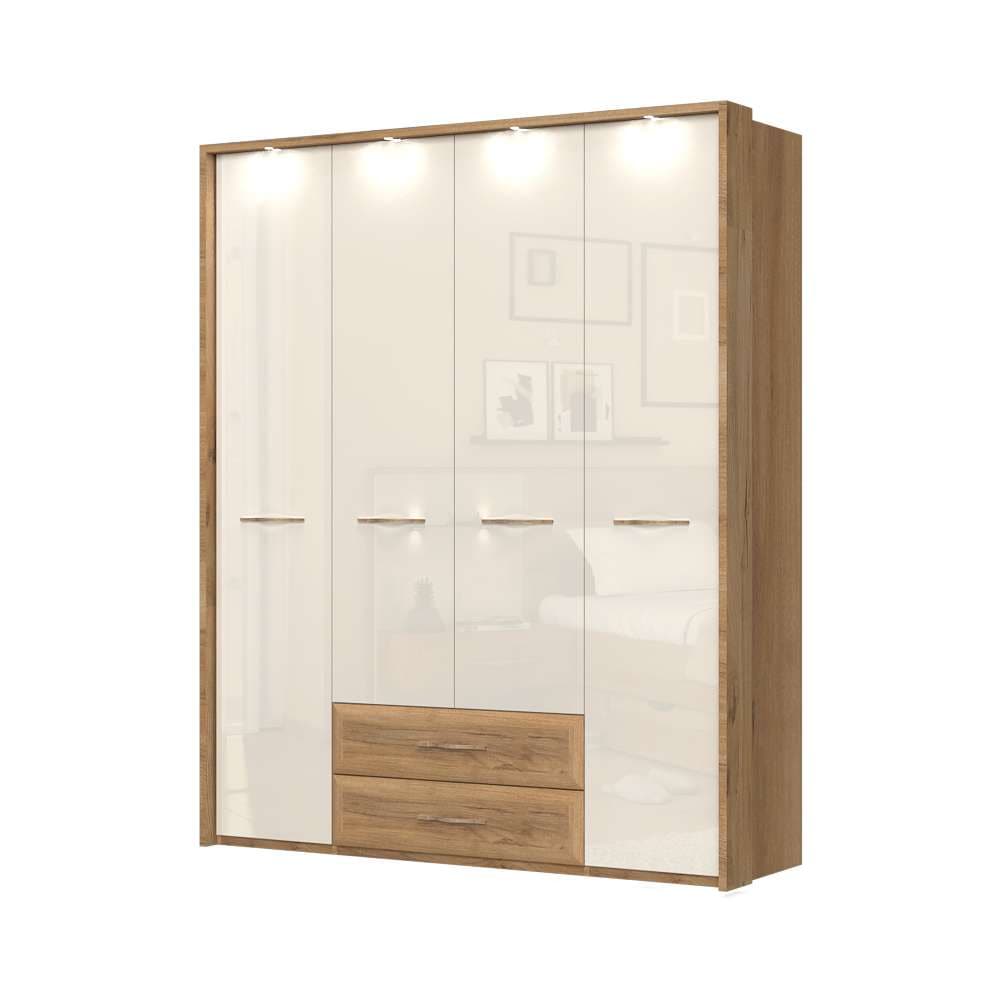 Home affaire Kleiderschrank »Gala, beige hochglänzend UV lackiert, kratzfest, FSC-zertifiziert«, (abgerundete Schubladen aus MDF im Holzdekor, soft-close), mit Beleuchtung und Passpartourahmen, hoher Schrank (224cm), 4 Breiten