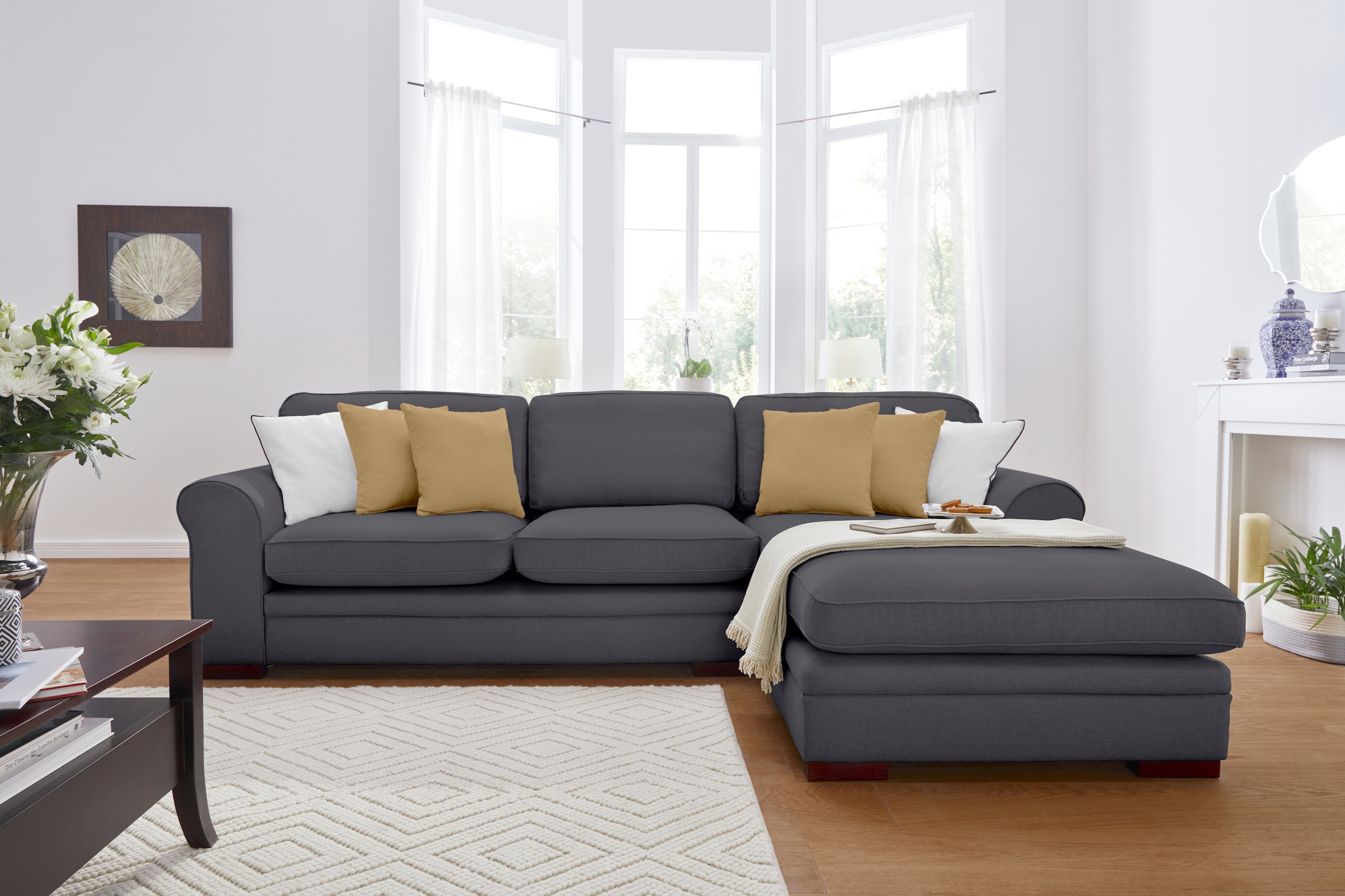 Home affaire Ecksofa »Broughton L-Form«, weicher Sitzkomfort, incl. 4 Zierkissen, Keder