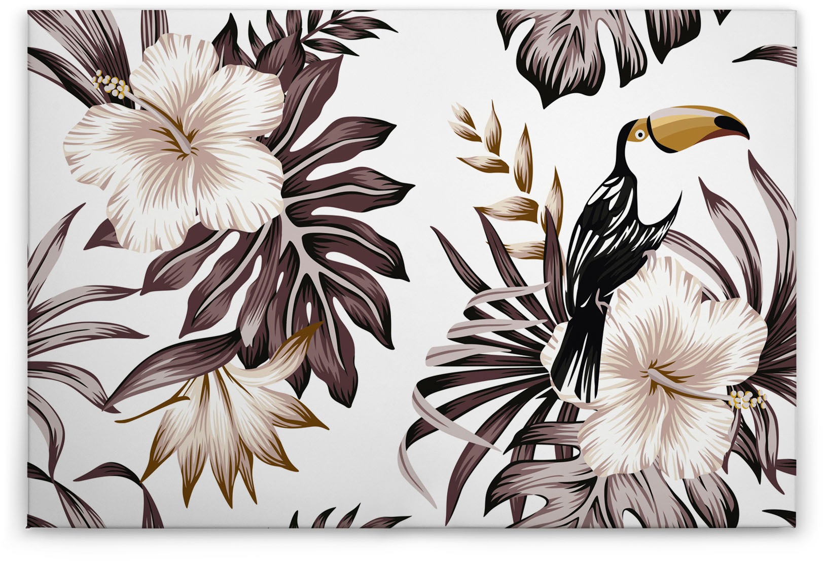 A.S. Création Leinwandbild »Toucan«, Kunst-Blumen-Kinder, (1 St.), Palmenblätter Hibiskus Dschungel Keilrahmen Leinwand-Bild Wohnzimmer
