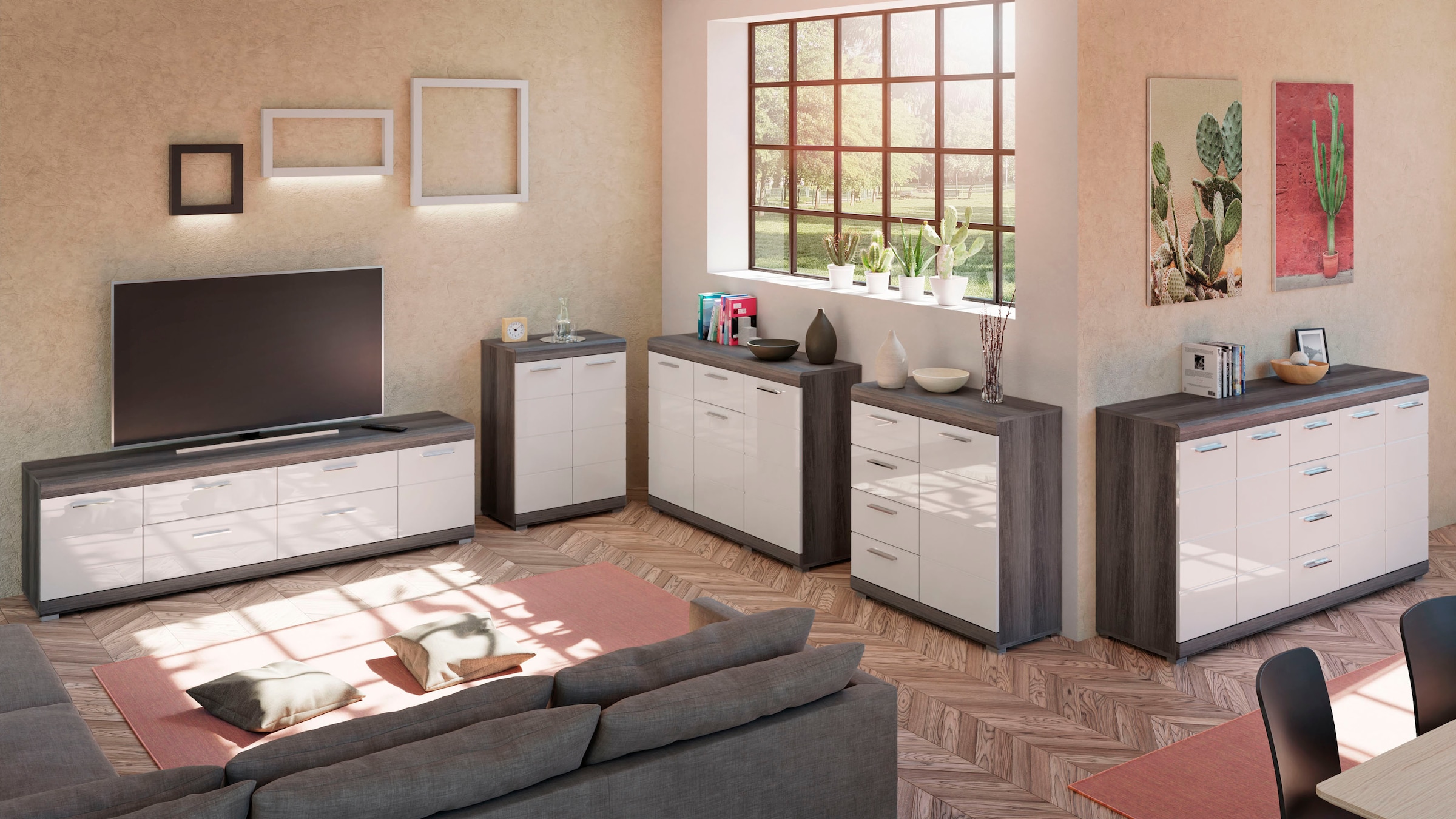 INOSIGN Kommode »Siena, Breite 165cm, 4 Türen, 4 Schubkästen, 8 Einlegeböden, 12 Fächer«, Front-Rillenfräsung, Schuhkommode, Schuhschrank, Anrichte, Sideboard