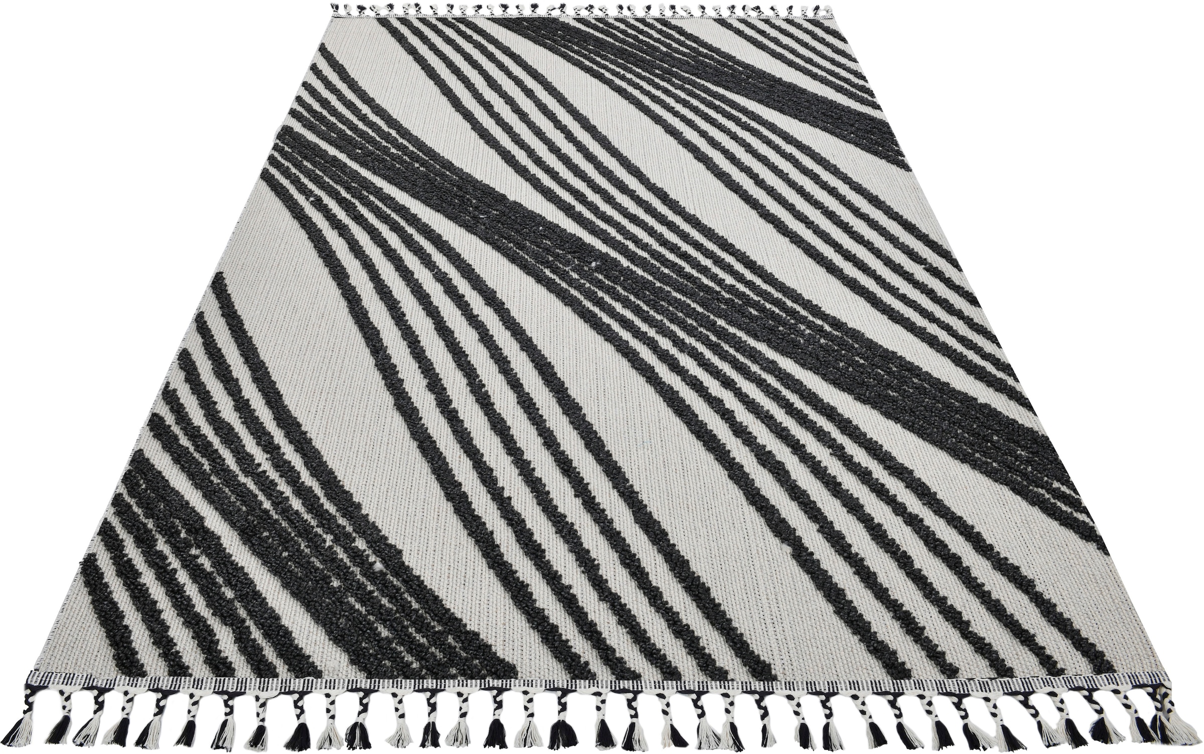 Home affaire Teppich »Friesach«, rechteckig, 18 mm Höhe, Hoch-Tief-Struktur, Woll-Look, Boho, mit Fransen, Wellen-Design