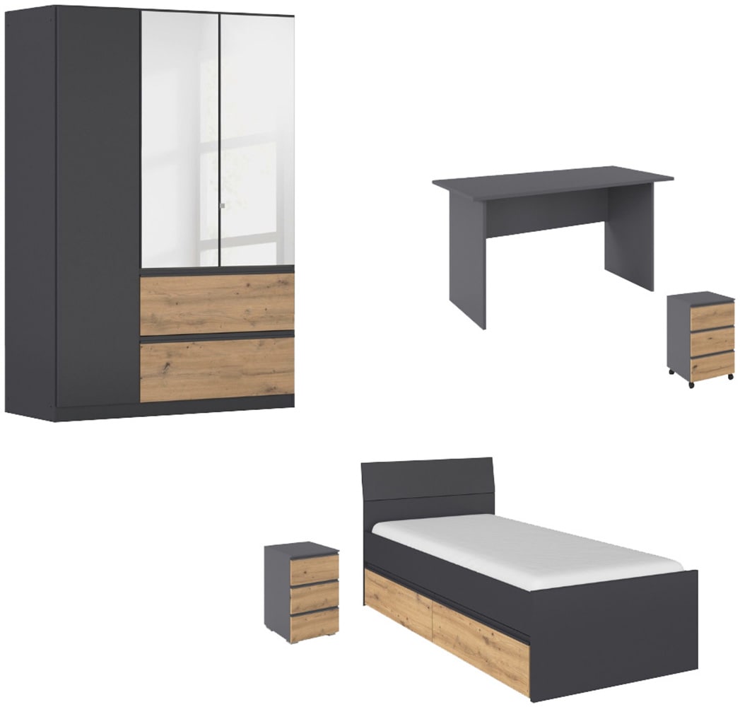 rauch Jugendzimmer-Set »Komplettzimmer Schlafzimmer-Set (5-St.) Jugendzimmer-Set JOEL« Set, 5 Stk. tlg. Bett 2 Breiten,Nachttisch,Tisch,Rollcontainer,Schrank MADE IN GERMANY