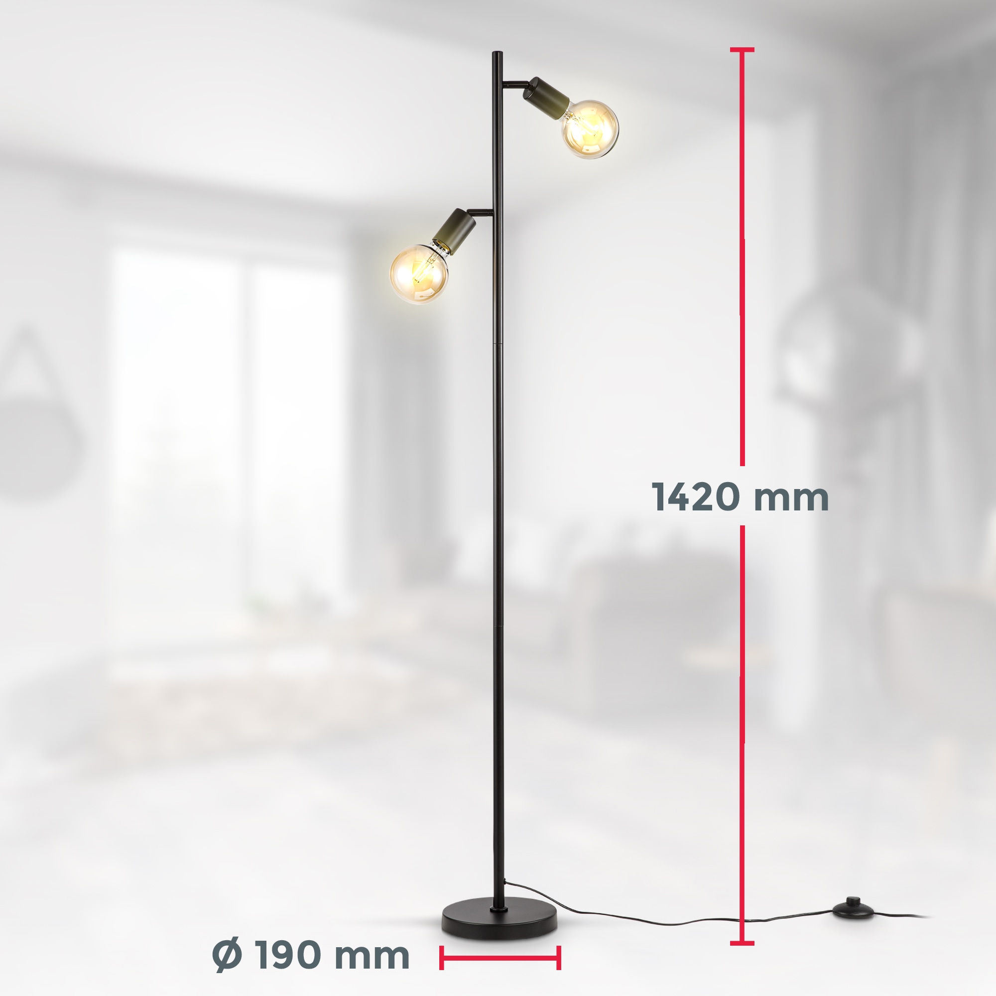 B.K.Licht Stehlampe, Metall, schwarz, für Leuchtmittel E27 Fassung, Ohne Leuchtmittel, Inkl. Kabelschalter