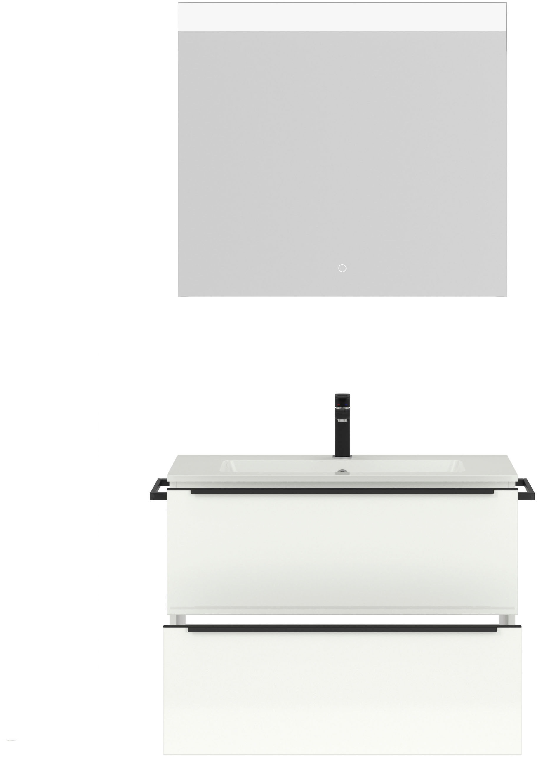 nobilia® Badmöbel-Set »Levere«, (2 St., vormontiert, mit Soft-Close), Hochglanz, inkl. Spiegel mit Touch-Sensor, in vier Breiten