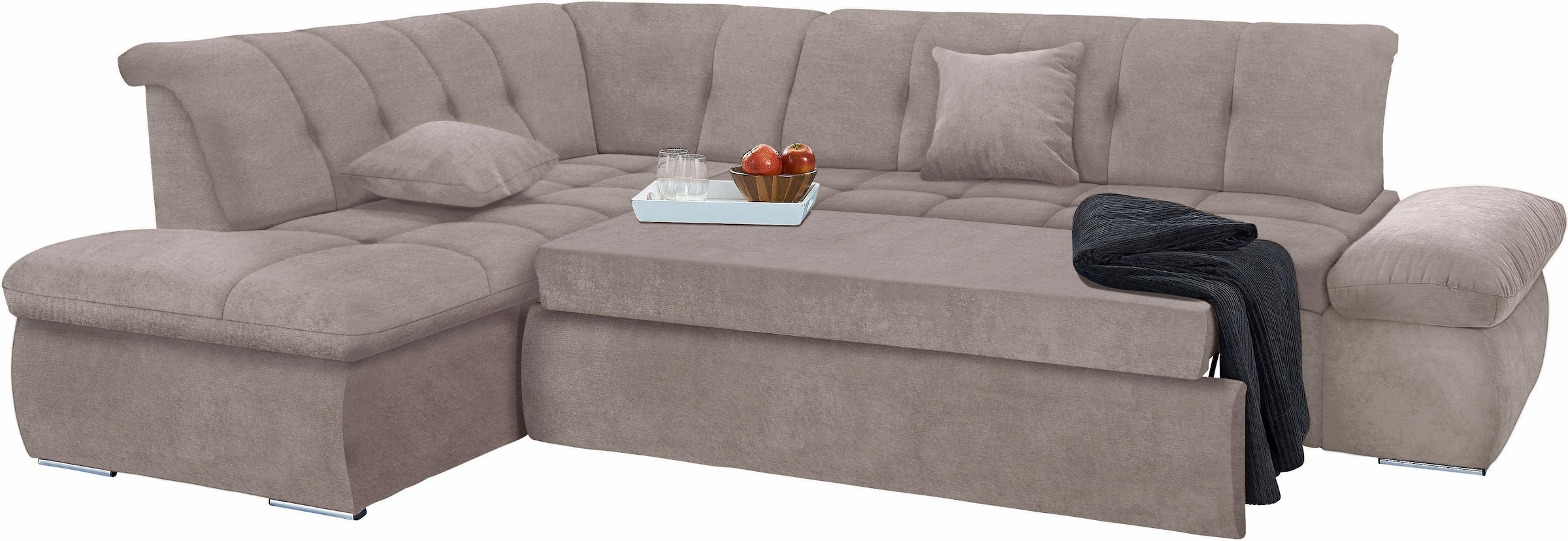 DOMO collection Ecksofa »NMoric incl. Zierkissen B/T/H: 273/216/80 cm L-Form«, Ottomanen-Abschluss, wahlweise mit Bettfunktion und Armlehnverstellung