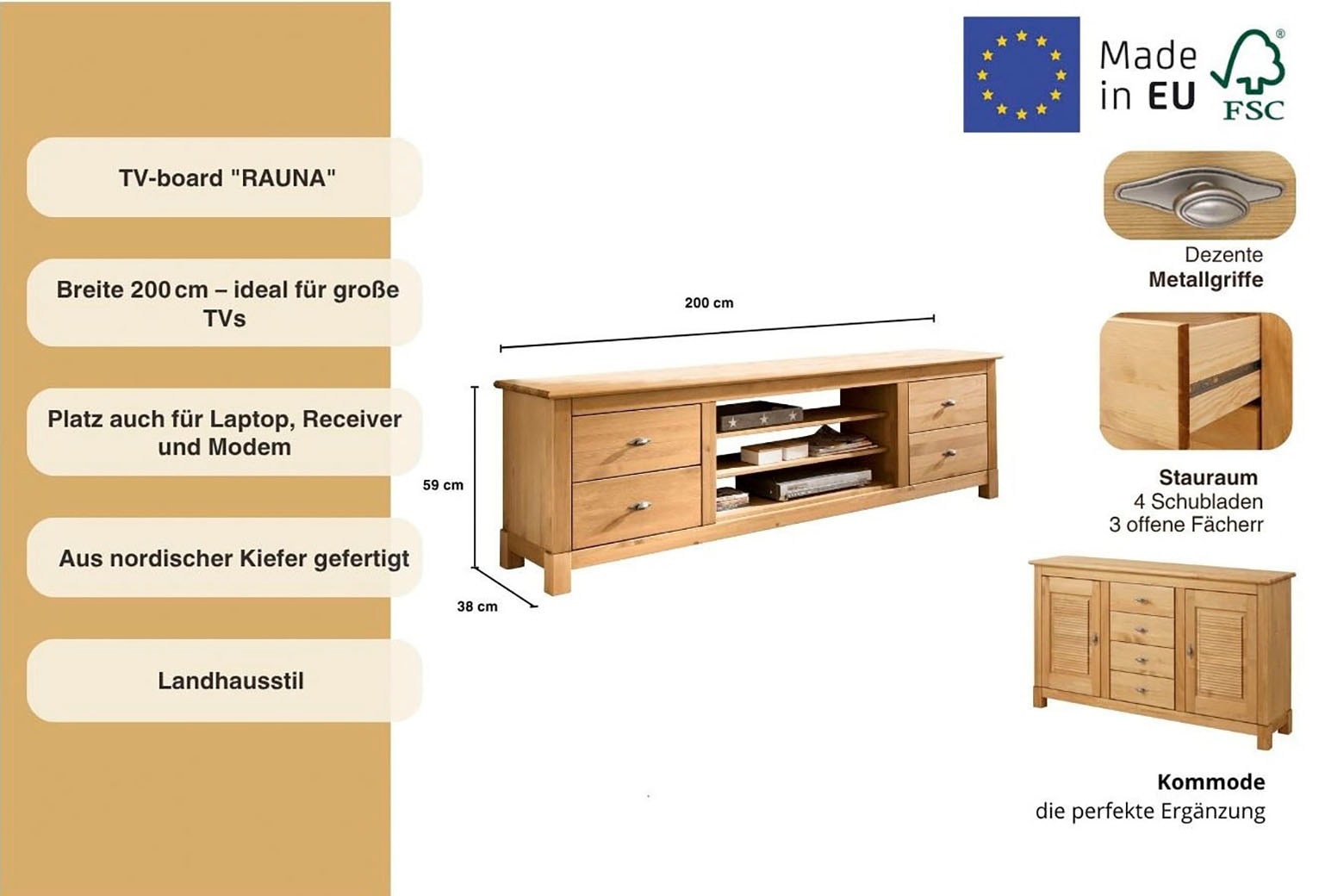 Home affaire Lowboard »Rauna«, Kommode, Breite 200 cm, FSC®-zertifiziertes Massivholz