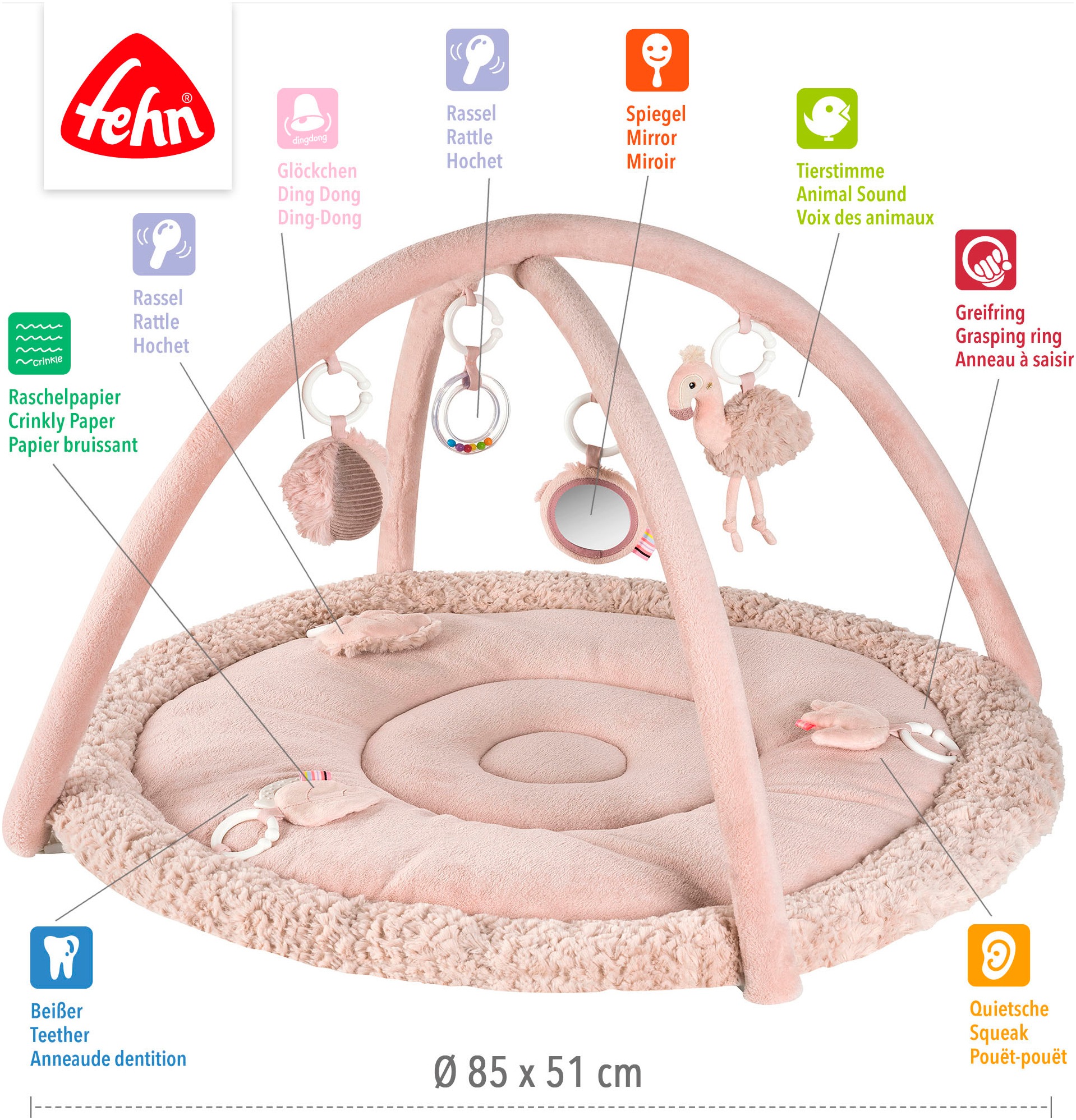Fehn Spielbogen »Lazy, Crazy & Pink, Flamingo, 3-D-Activity-Decke«, mit 5 abnehmbaren Spielzeugen