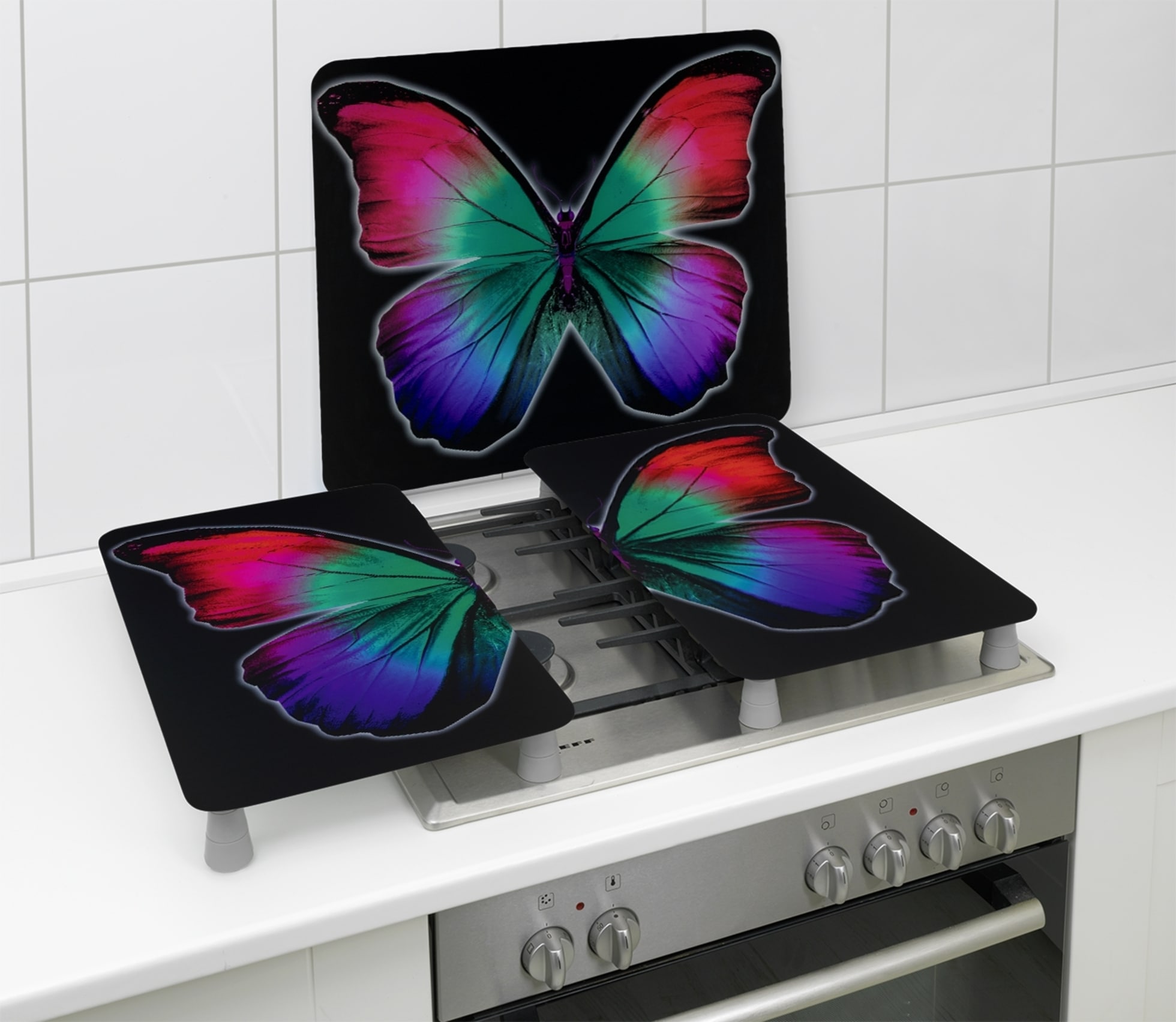WENKO Herd-Abdeckplatte »Universal Modell Butterfly by Night«, (Set, 2 tlg.), Herdabdeckung für alle Herdarten, kratzfest, mit rutschfesten Füßen