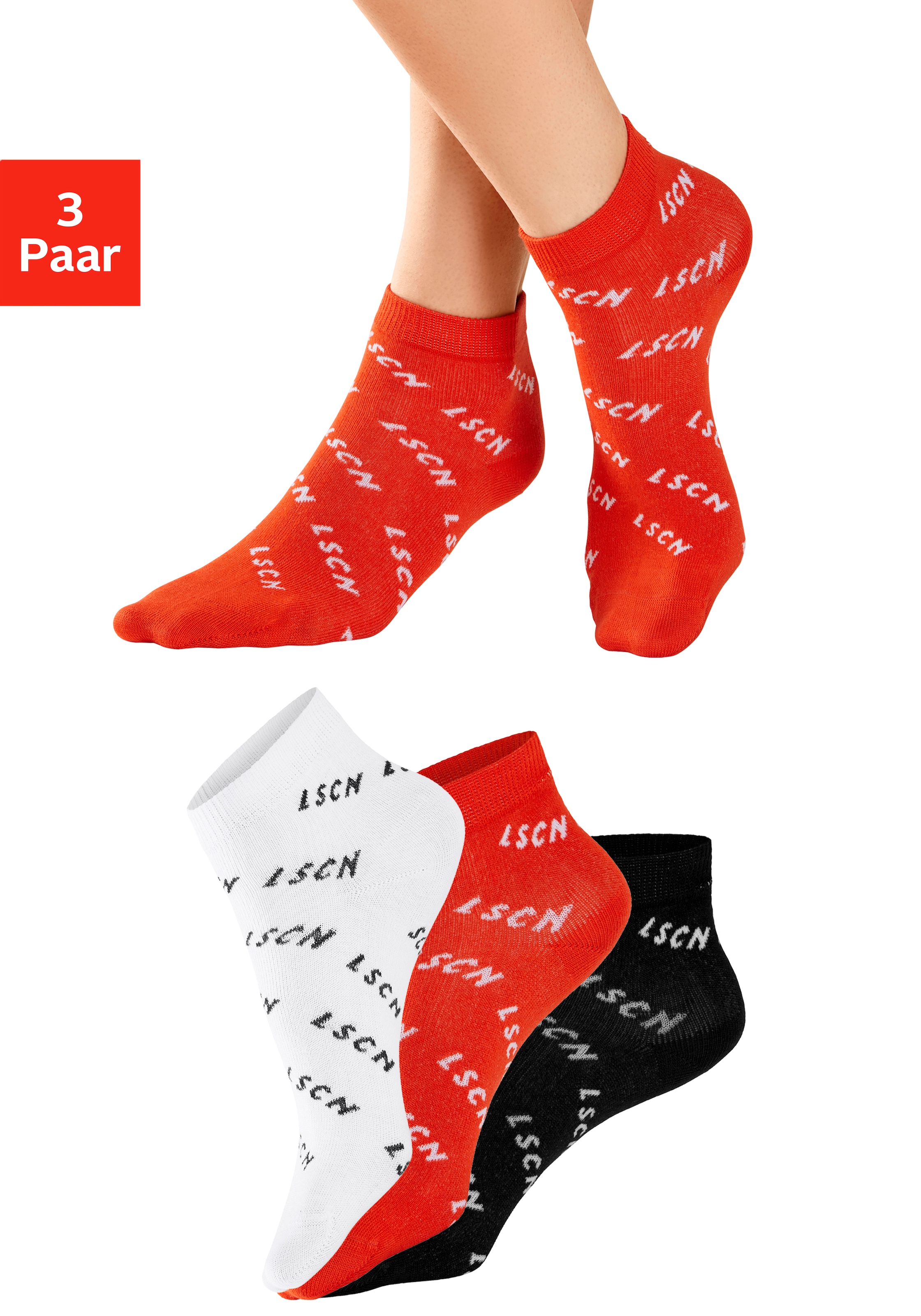 LSCN by LASCANA Kurzsocken, (Packung, 3 Paar), all over Logo Schriftzug