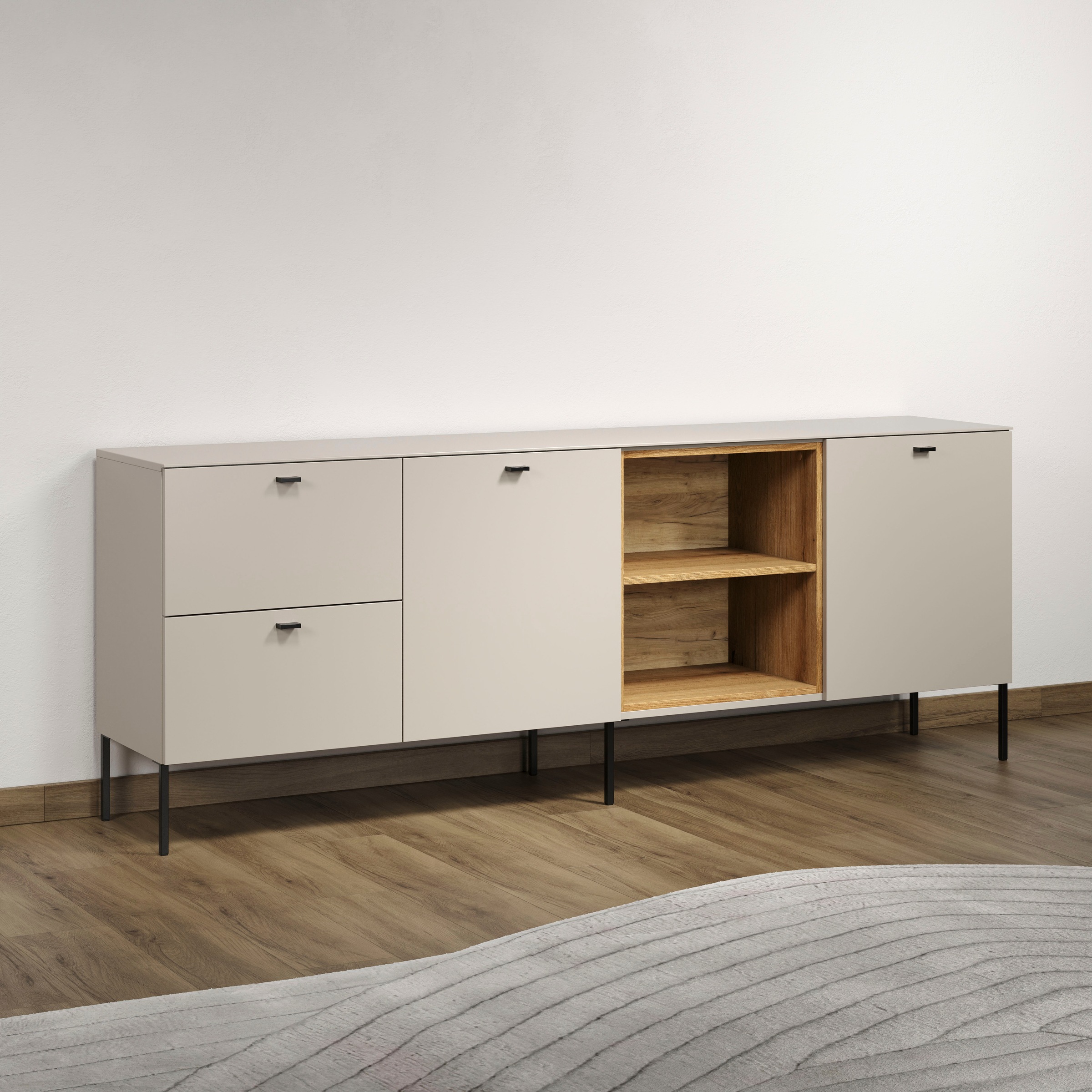 Places of Style Lowboard »San Pedro«, (1 St.), TV-Bank mit Griffen und Füßen aus Metall - (B/T/H) 200/40/75 cm