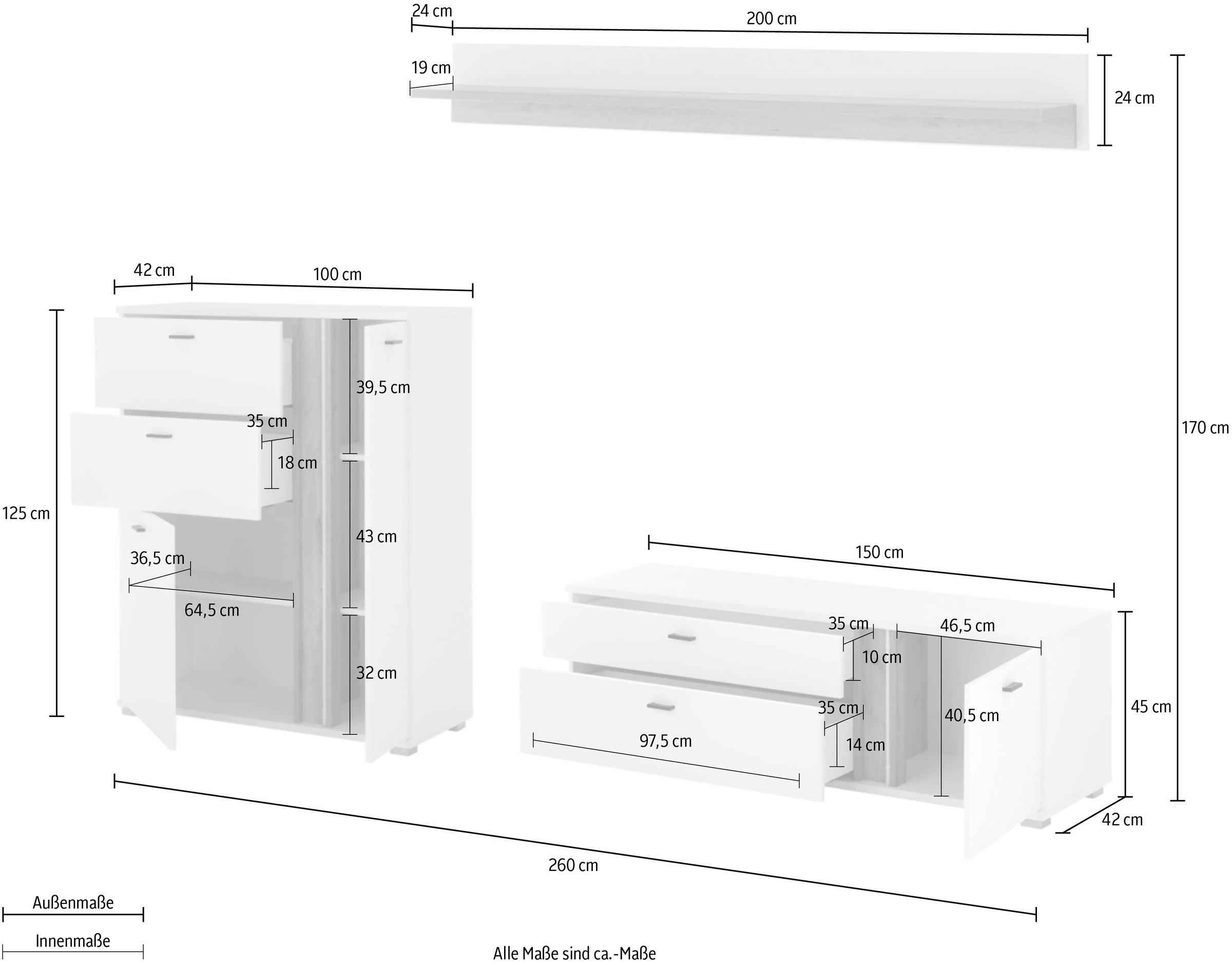 INOSIGN Wohnwand »LONG ISLAND«, (Set, 3 St.), in moderner Trendfarbe,inklusive senkrechter Beleuchtung,Breite 260 cm