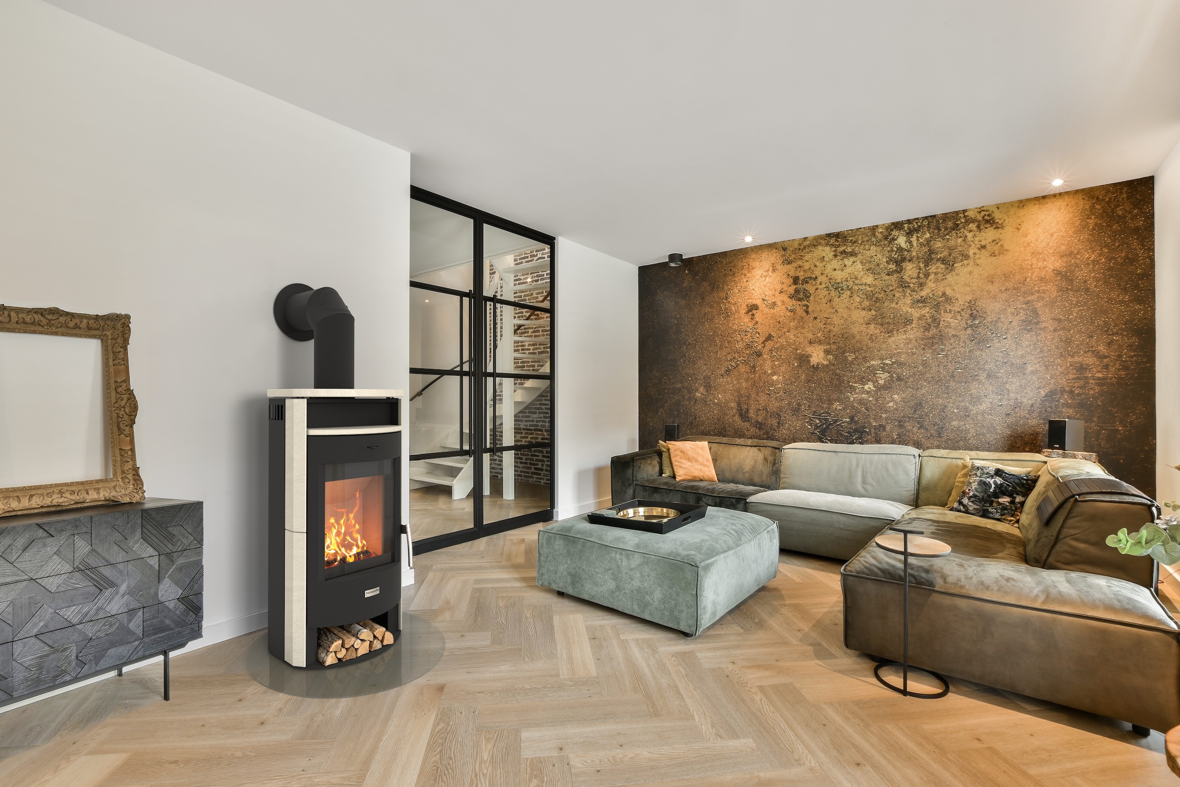 Hanseatic Kaminofen »MAIA Naturstein Limestone, Lieferung bis ins Wohnzimmer« NEU und Exklusiv, toller Kontrast zwischen Stein und Stahl