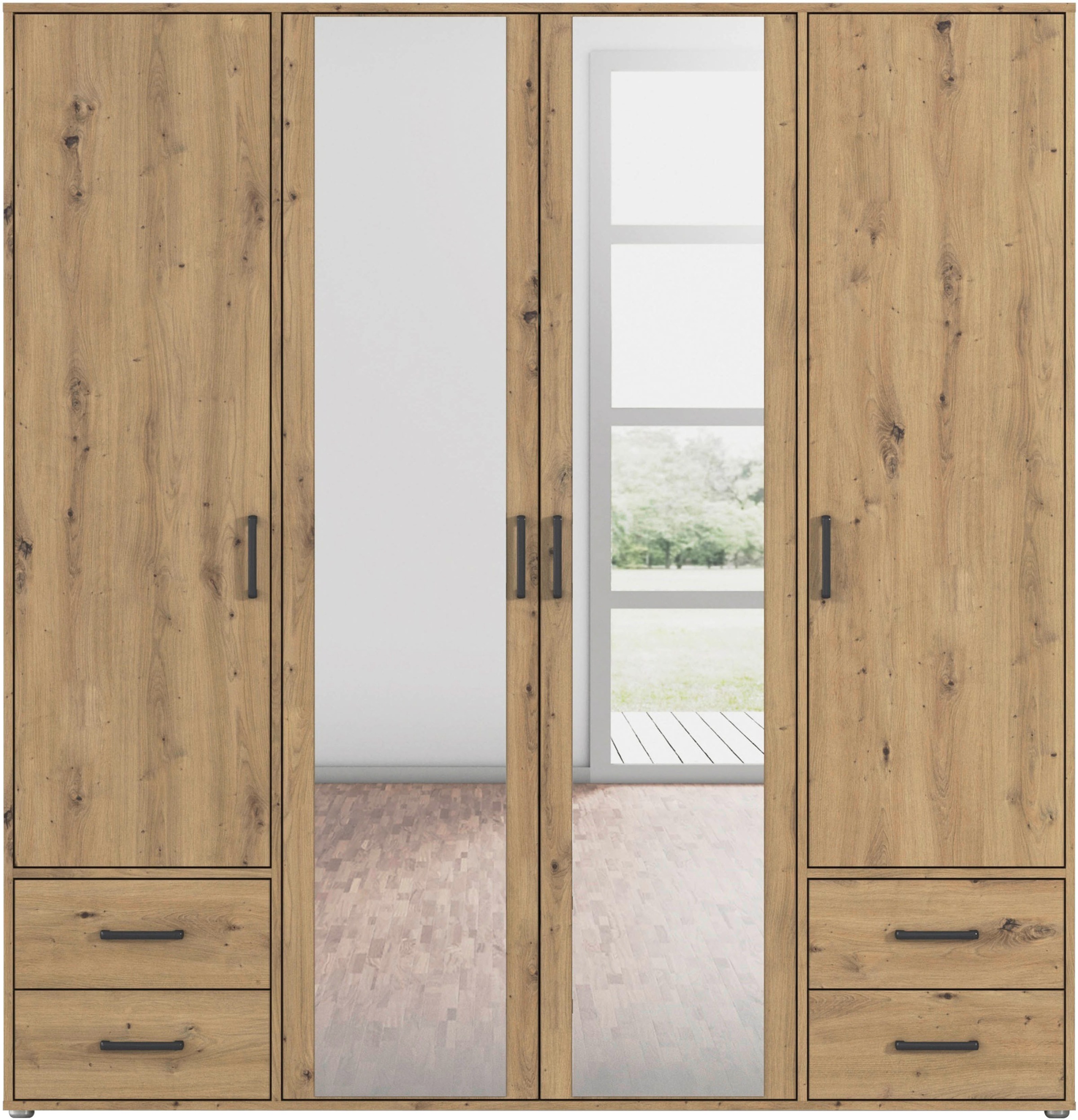rauch Drehtürenschrank »Kleiderschrank Schrank Garderobe Wäscheschrank VOYAGER«, (in 3 verschiedenen Ausstattungen BASIC/CLASSIC/PREMIUM), mit modernen Griffen in Graumetallic, inkl. Schubkästen und Spiegel