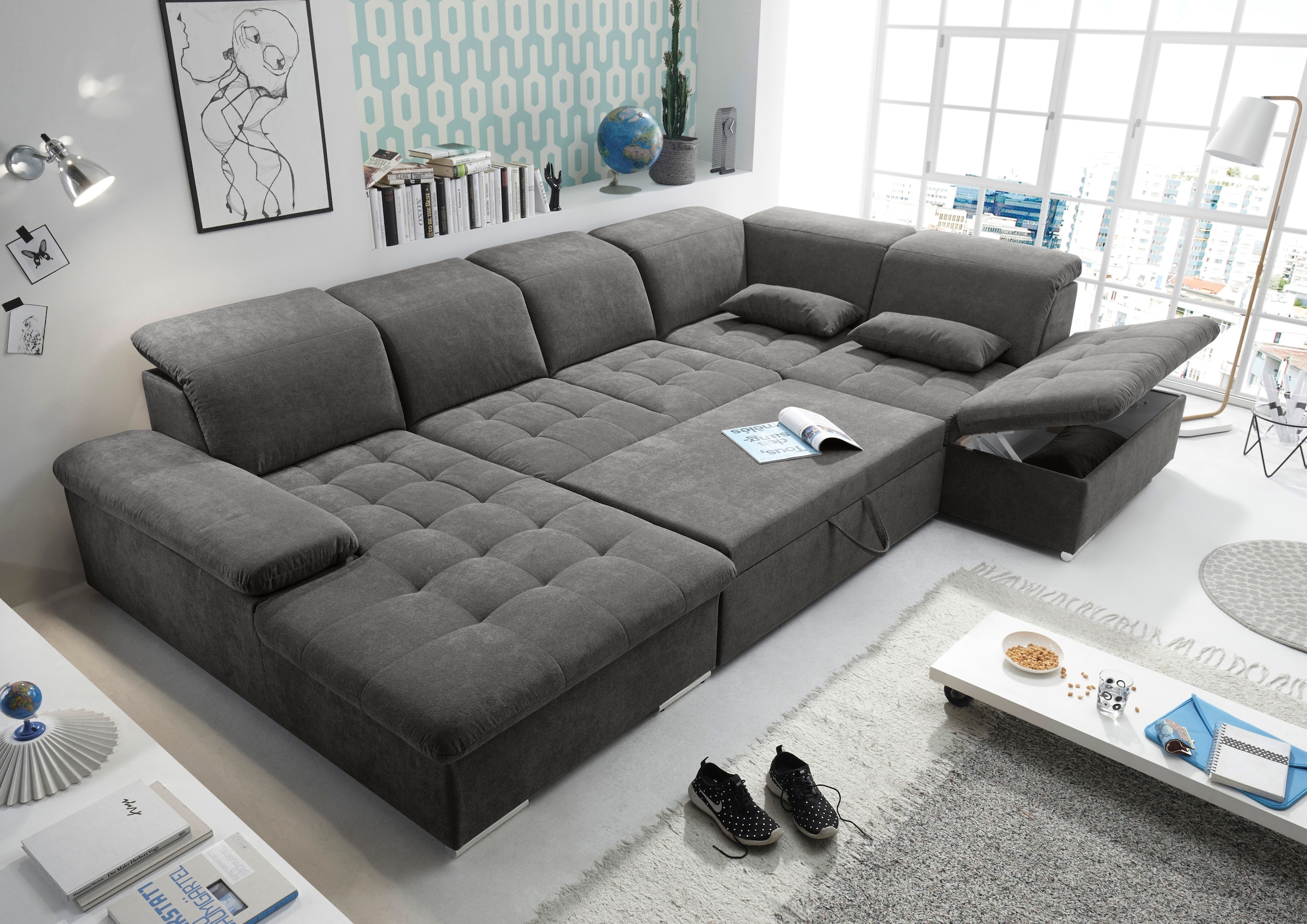 ED EXCITING DESIGN Wohnlandschaft Wayne, mit Bettfunktion, Bettkasten und Nierenkissen.  1 Armteil- und 5 Kopfteilverstellungen