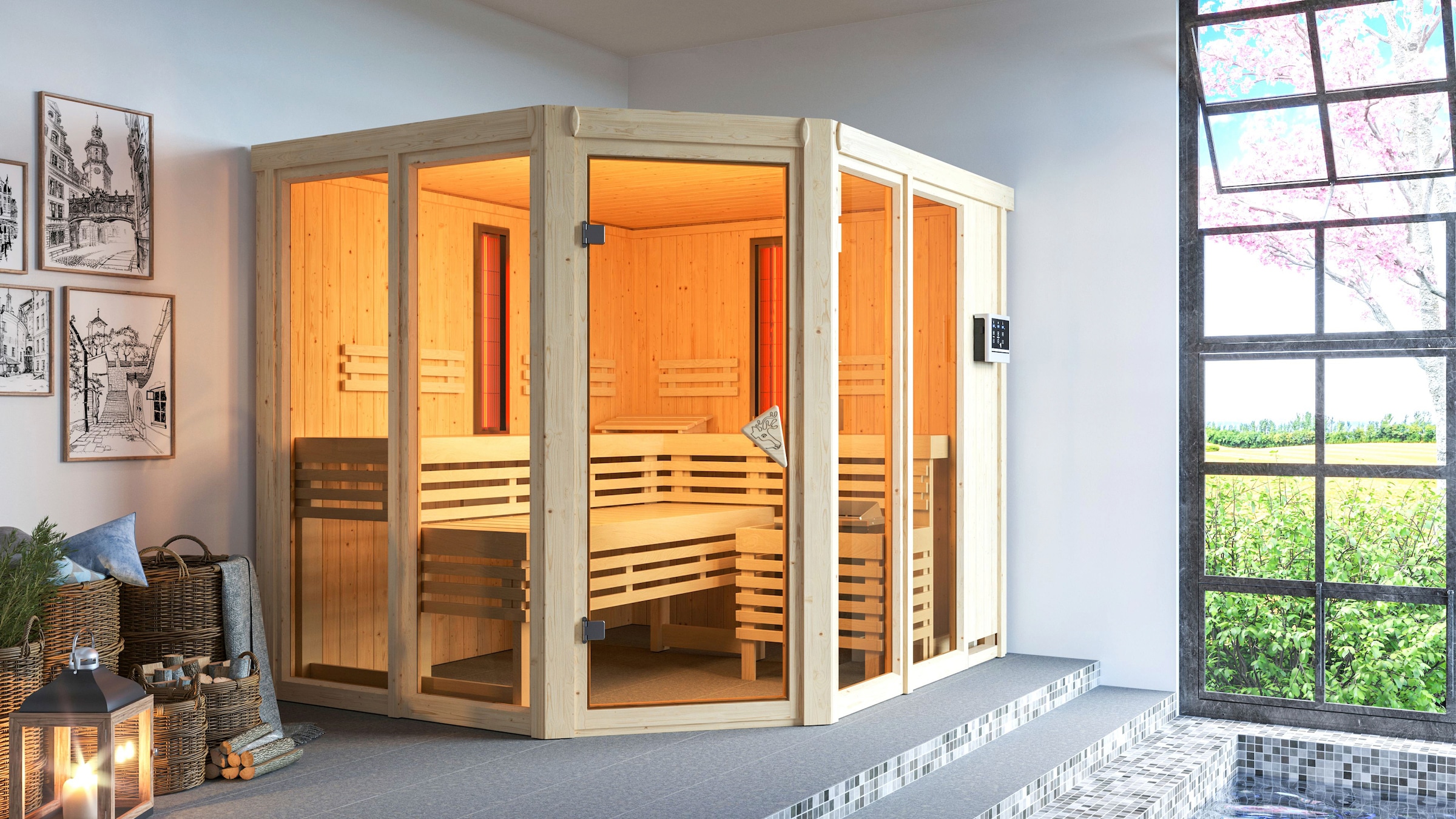 Karibu Sauna »Avril« Set,  Ofen 9 KW externe Strg easy