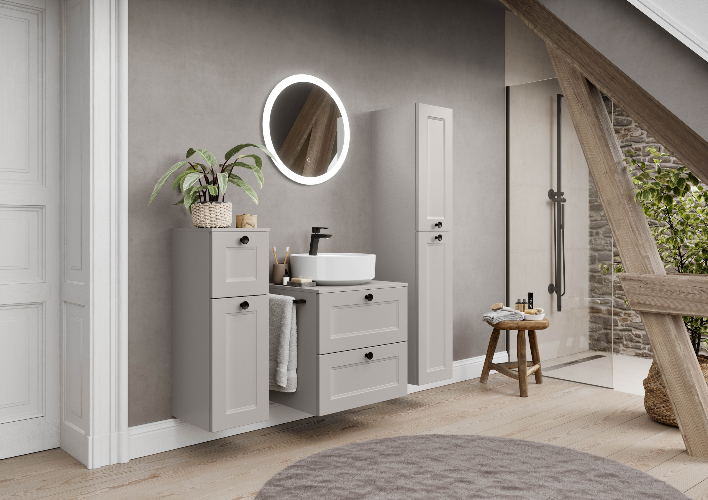 nobilia® Badmöbel-Set »Cascada« Set, inkl. Aufsatzwaschbecken und beleuchtetem Spiegel mit Touch-Sensor, 2 Stk. tlg