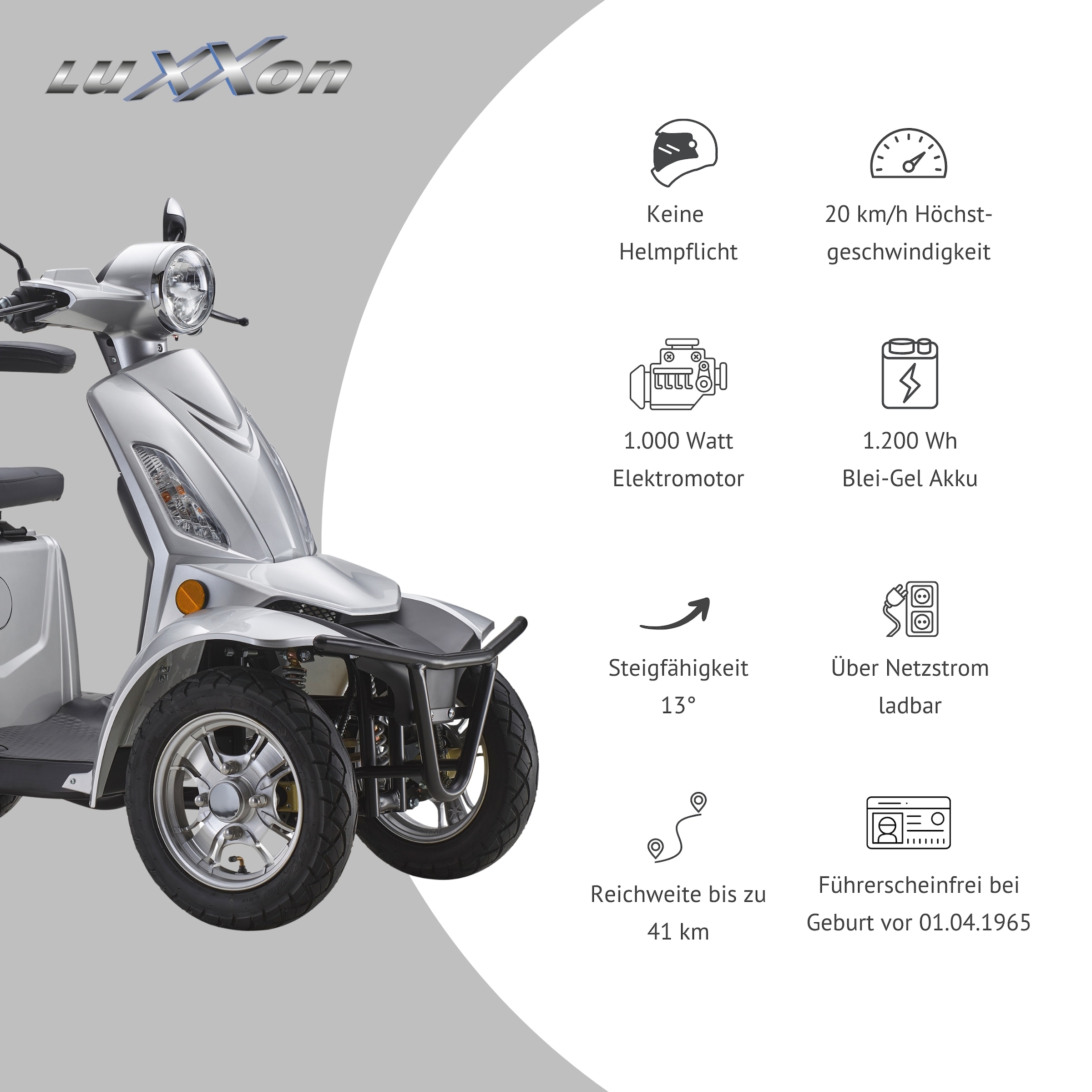 Luxxon Elektromobil »LuXXon Seniorenmobil E4900« 20 km/h Elektromobil mit Topcase, ohne Helmpflicht,  1.000 W, Seniorenmobil mit 4 Räder, Elektroroller für Senioren