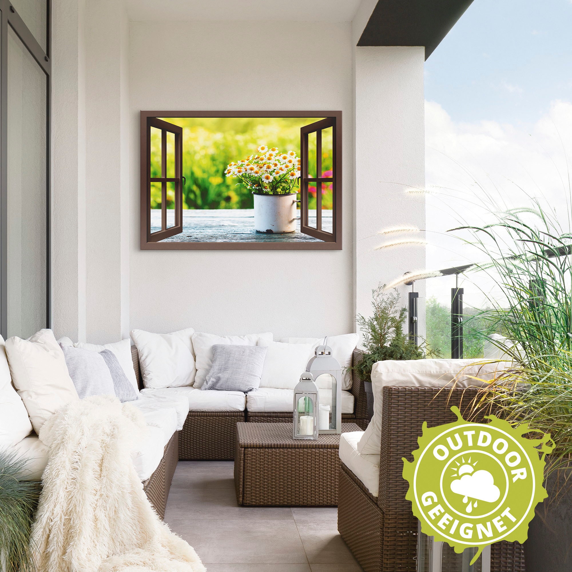 Artland Alu-Dibond-Druck »Fensterblick Garten mit Gänseblümchen« Blumen 1 Stk. tlg. für Innen- und Außenbereich geeignet, Outdoorbild