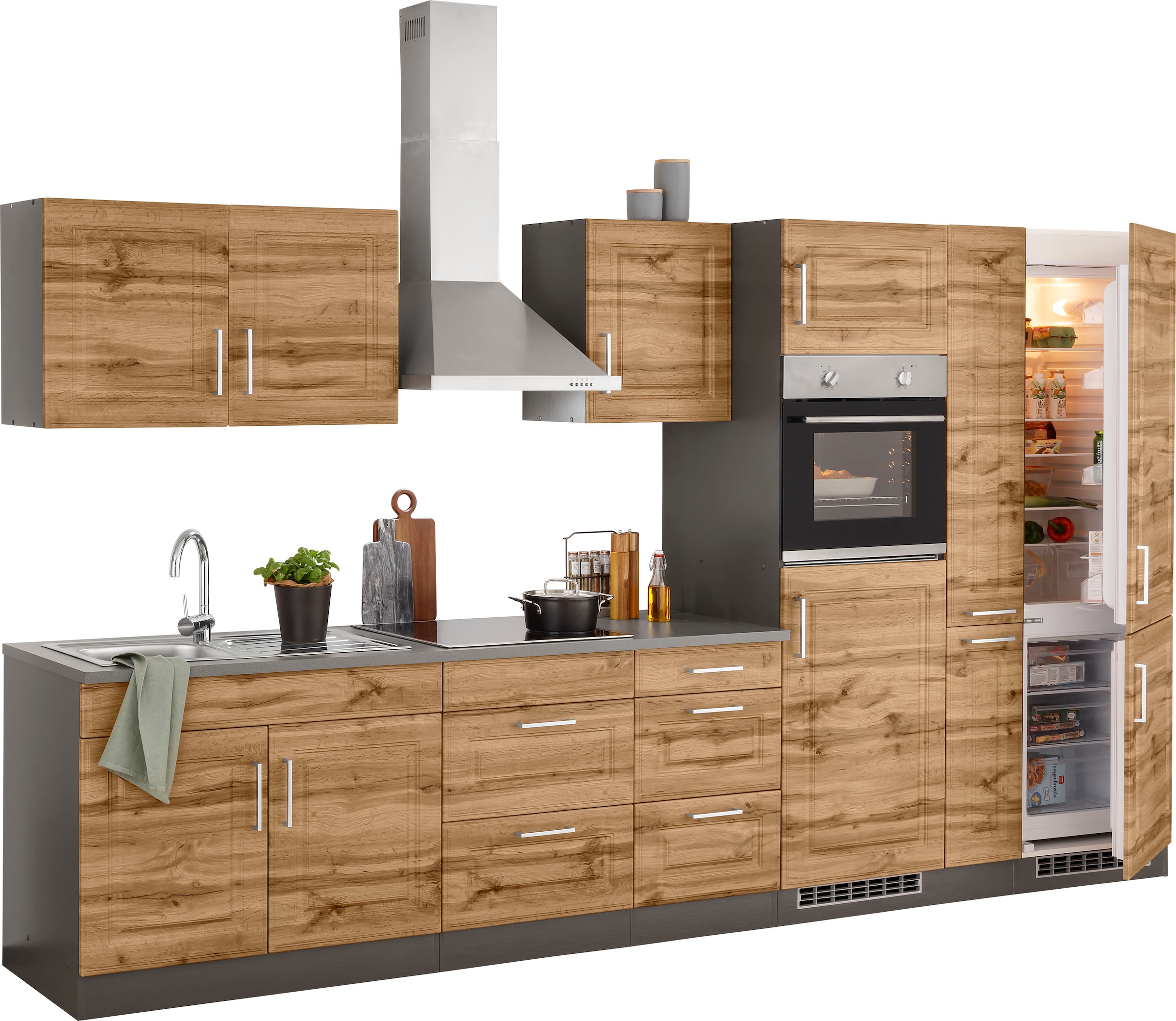 KOCHSTATION Küchenzeile »KS-Stockholm«, Breite 360 cm, mit hochwertigen MDF Fronten im Landhaus-Stil