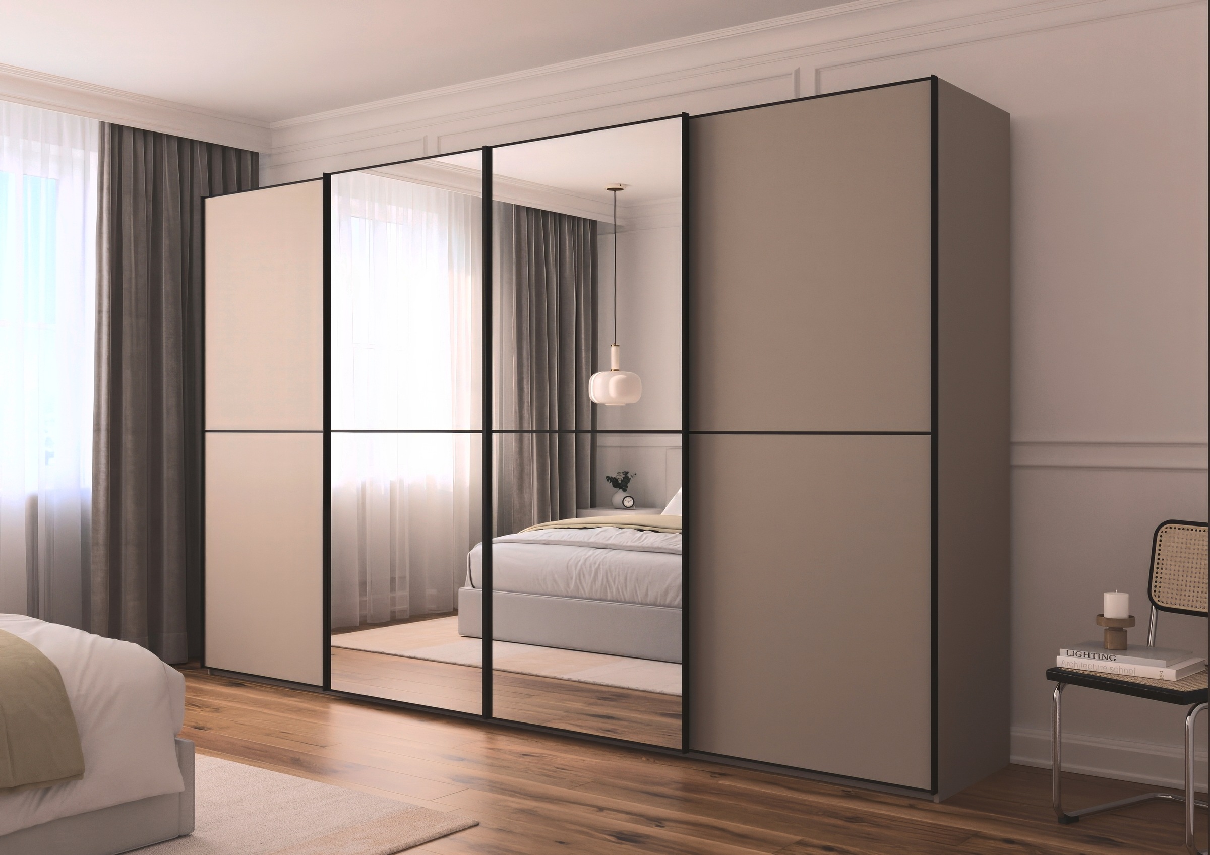 rauch Schwebetürenschrank »Kleiderschrank Schrank Garderobe Schlafzimmerschrank SCALE-DUO«, edle zweigeteilte Türen, Spiegel und 3 Zierleisten MADE IN GERMANY