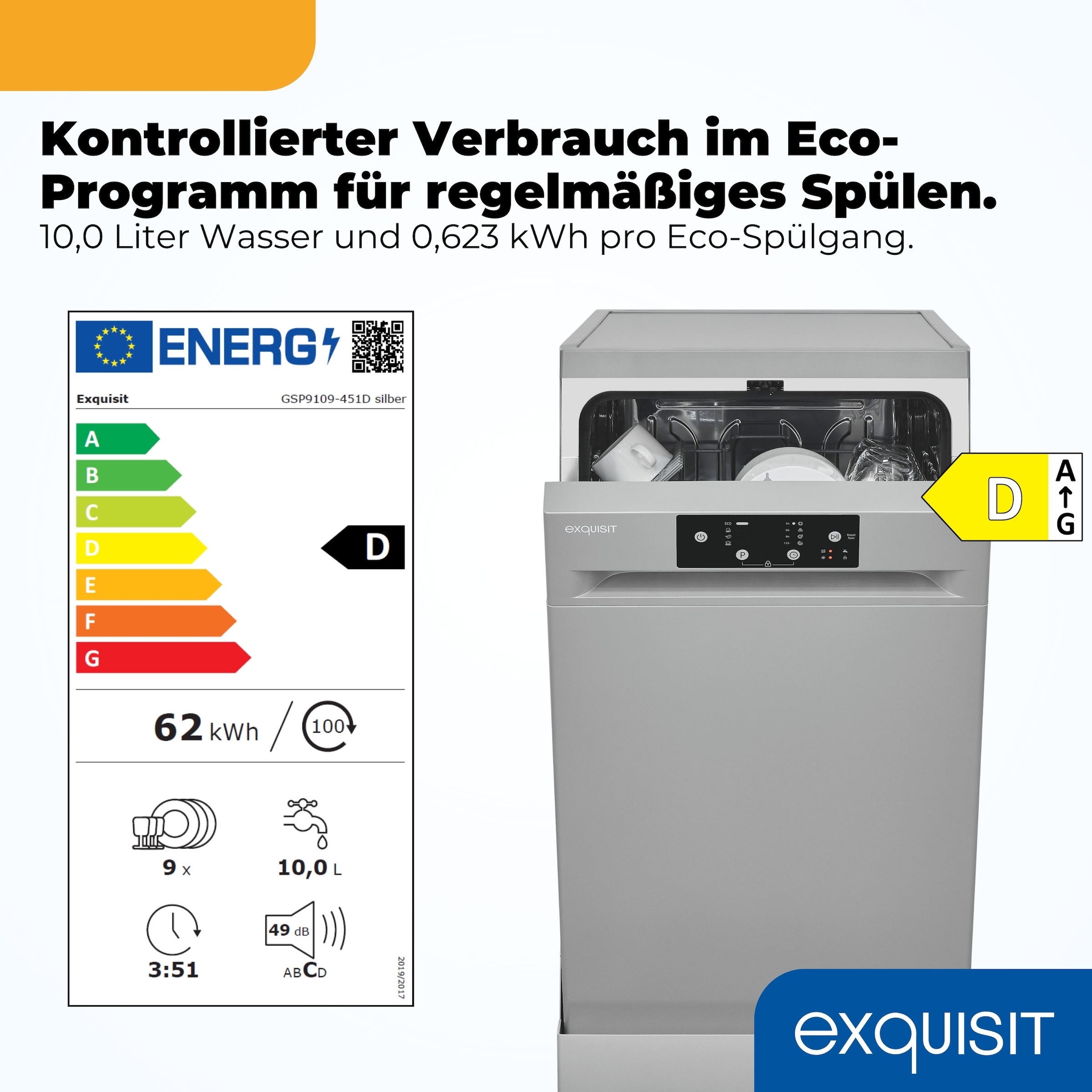 exquisit Standgeschirrspüler 9109 »GSP9109-451D silber« 10 l 9 tlg. Maßgedecke 9 Maßgedecke, 4 Programme, LED, Besteckkorb