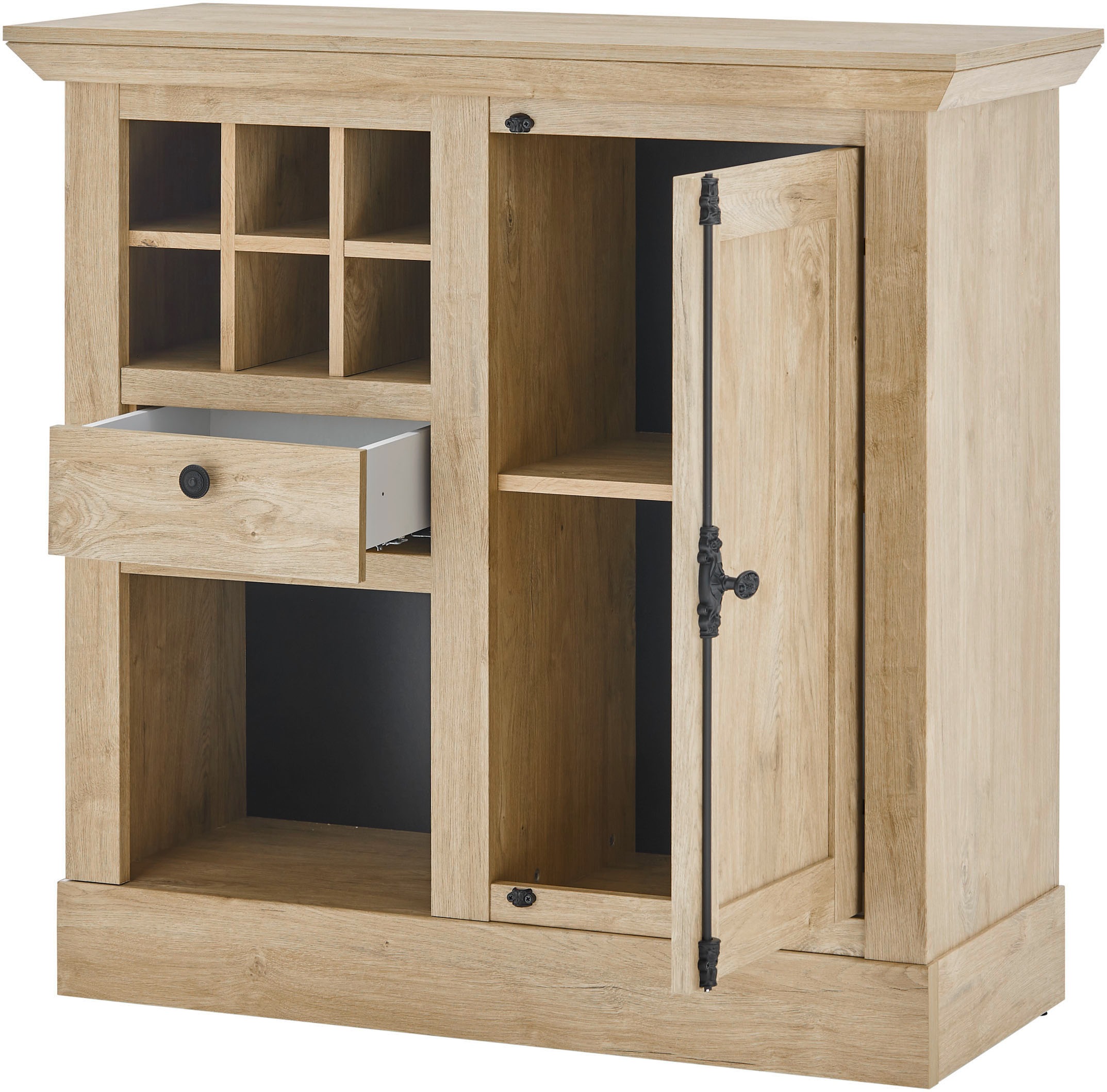 Home affaire Wohnwand »Cornwall, Anbauwand im Landhausstil, Wohnzimmer-Set, Eiche Dekor«, (Set, 4 St.), enthält Vitrine, Lowboard, Kommode, Wandboard, 424 cm breit