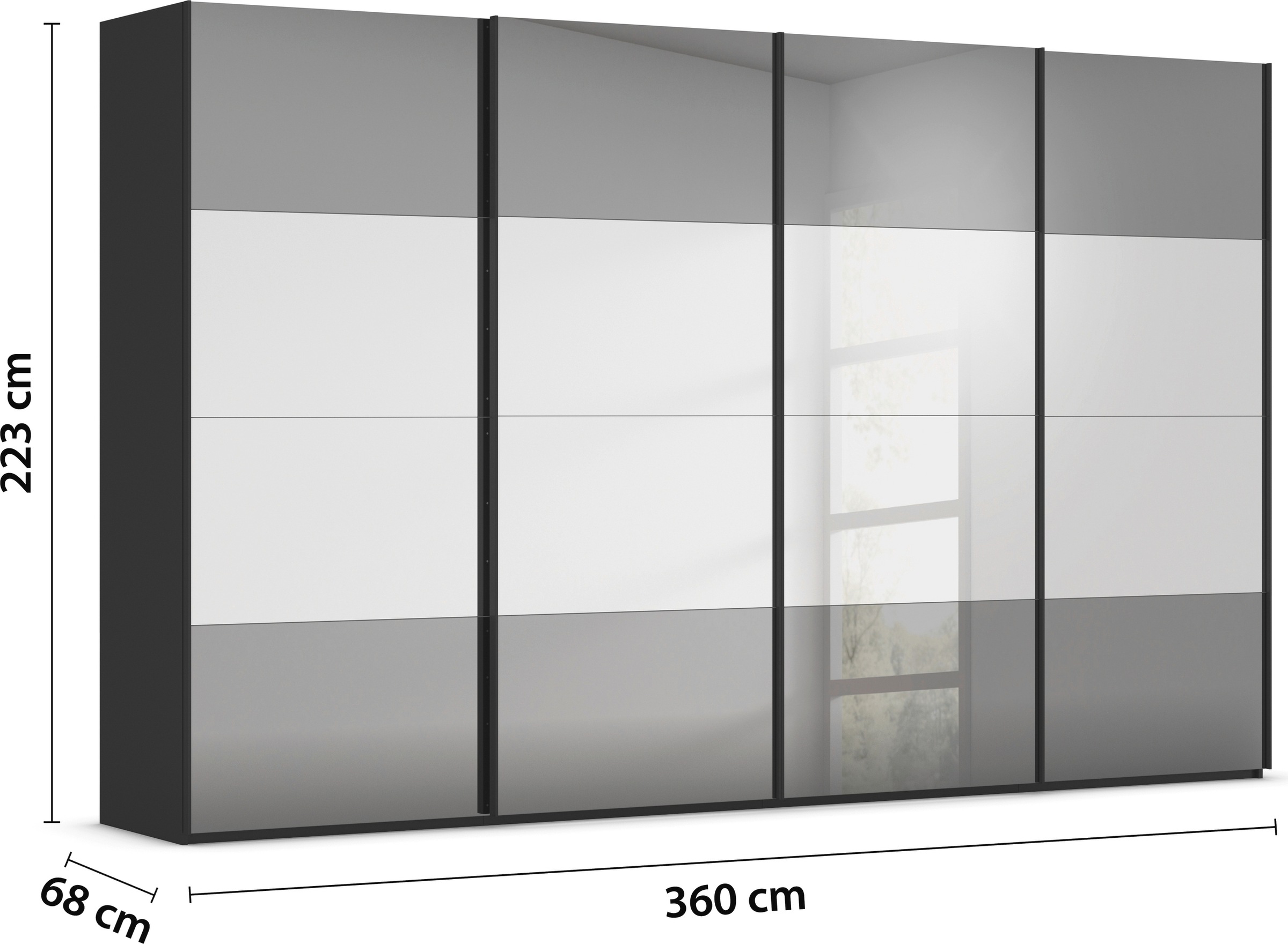 rauch Schwebetürenschrank »Kleiderschrank Schrank Garderobe Schlafzimmerschrank SCALE-FYRA«, edle Türen viergeteilt Front Spiegel-Mix viele Farben MADE IN GERMANY