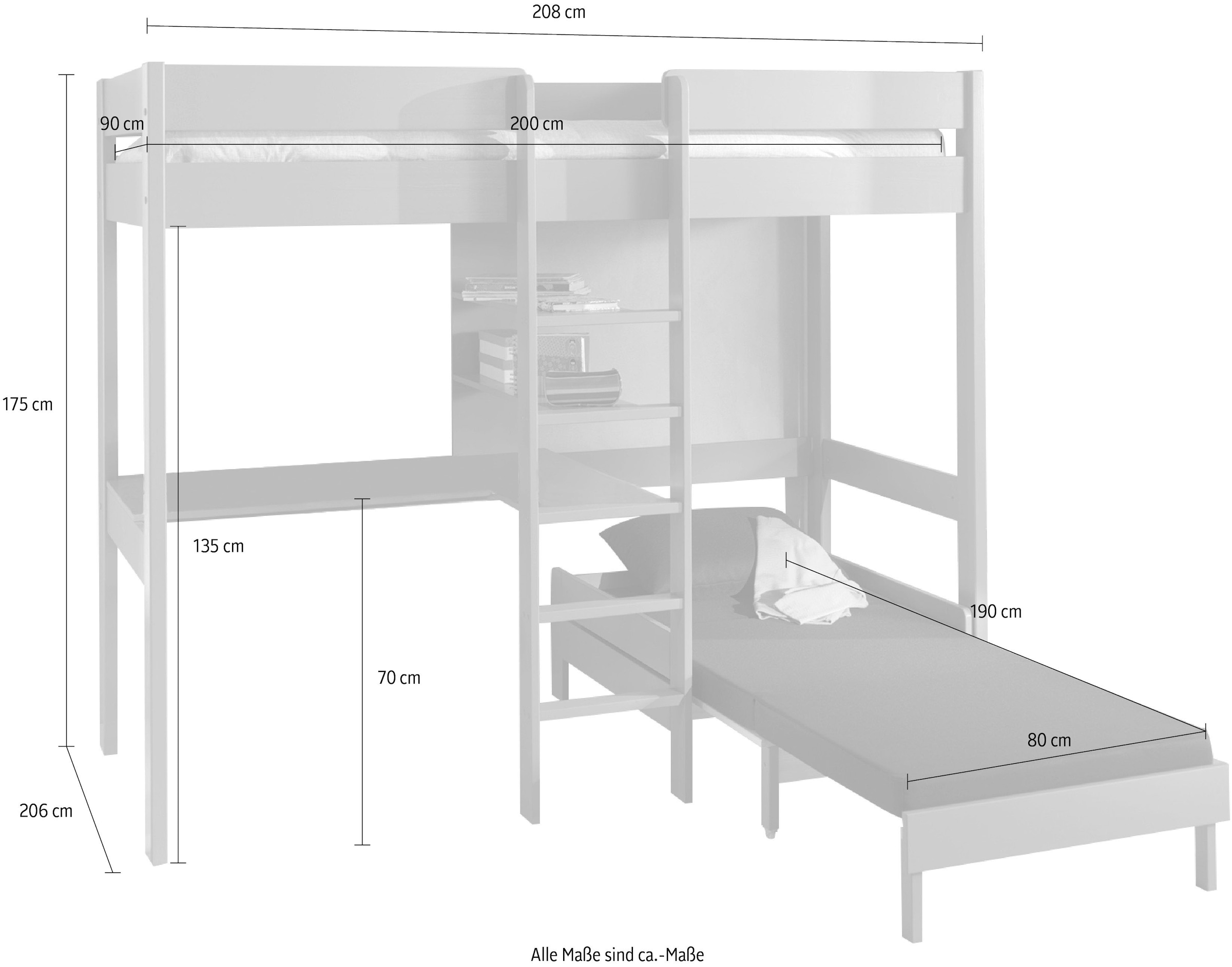 Vipack Hochbett »Pino, Kiefer massiv, viel Funktion auf kleinem Raum, Made in Europe«, (B/H/T ca. 208x175x105/206cm, inkl. Schlafsessel, Schreibtisch, Regal), inkl. Rolllattenrost, Absturzschutz oben, 2 Farben zur Auswahl