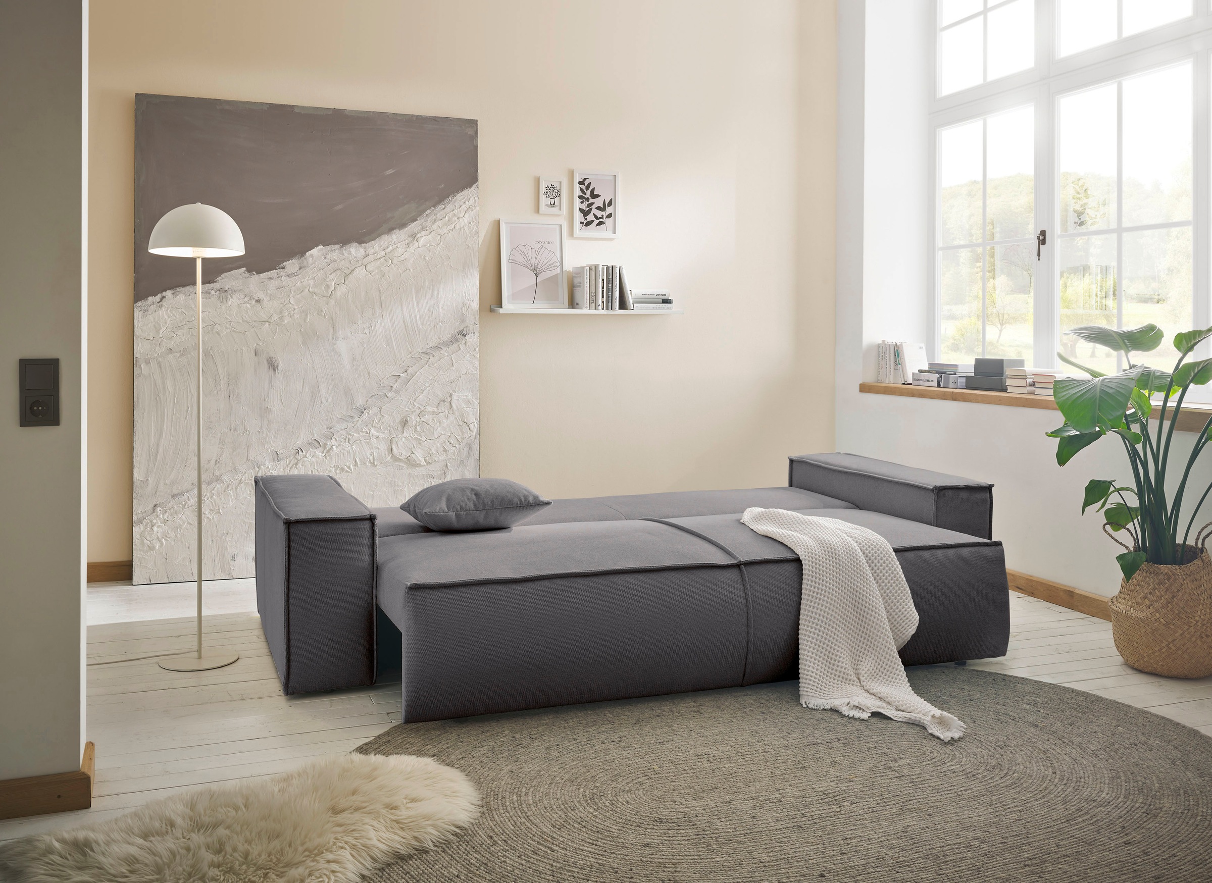 andas 3-Sitzer »FINNLEY Schlafsofa 257 cm, Schlaffunktion mit Bettkasten (200/136cm)«, in Aqua Clean-Bouclé, Struktur fein u. Cord