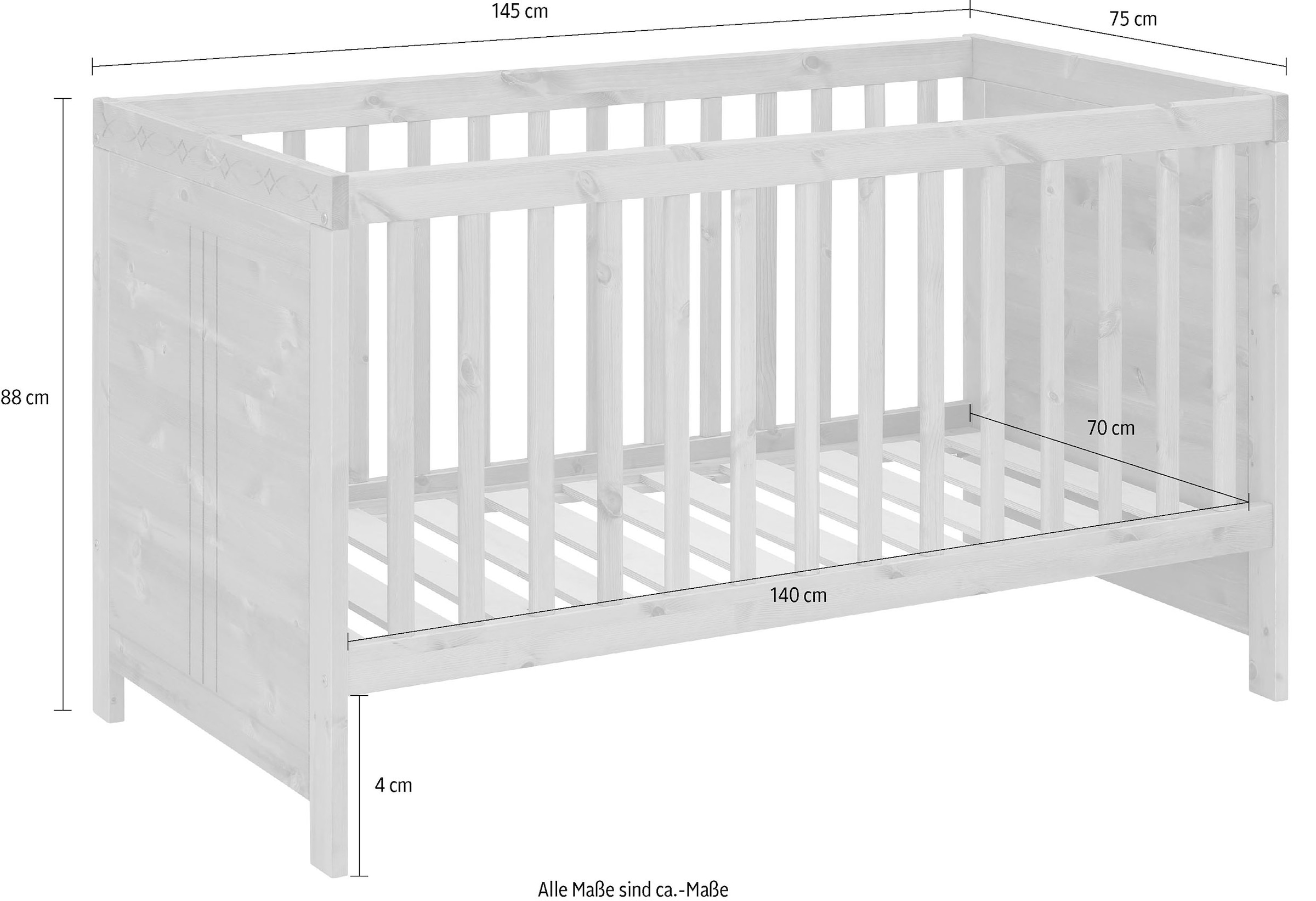 Lüttenhütt Babybett »Indra, Schlupfsprossen, 4-fach verstellbare Liegehöhe,«, FSC® zertifiziertes Massivholz, Landhausstil mit tollen Details