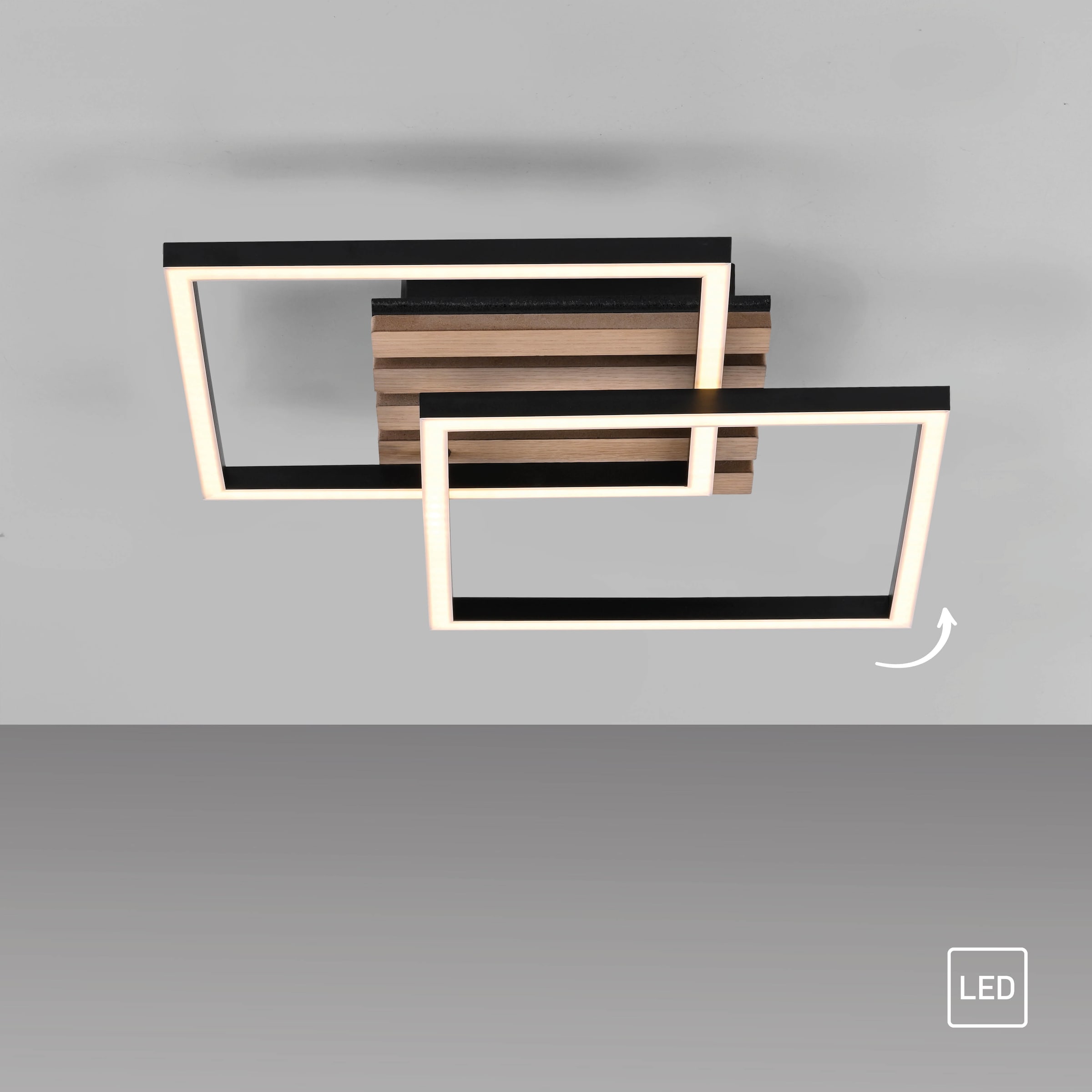 JUST LIGHT LED Deckenleuchte »AKUSTIKA« LED-Board 1 Stk. Warmweiß Eichenfurnier und schwarz, Rahmen drehbar