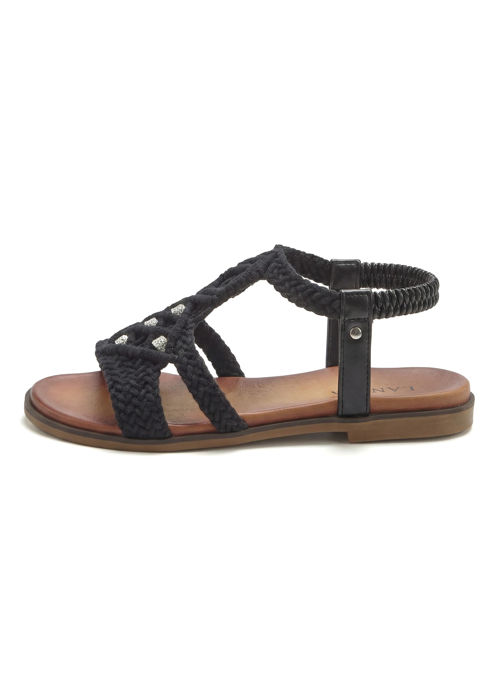 LASCANA Sandale »Sommerschuh, offener Schuh, Pantolette,«  in trendiger Häkeloptik, Glitzerdetails und elastischen Riemchen