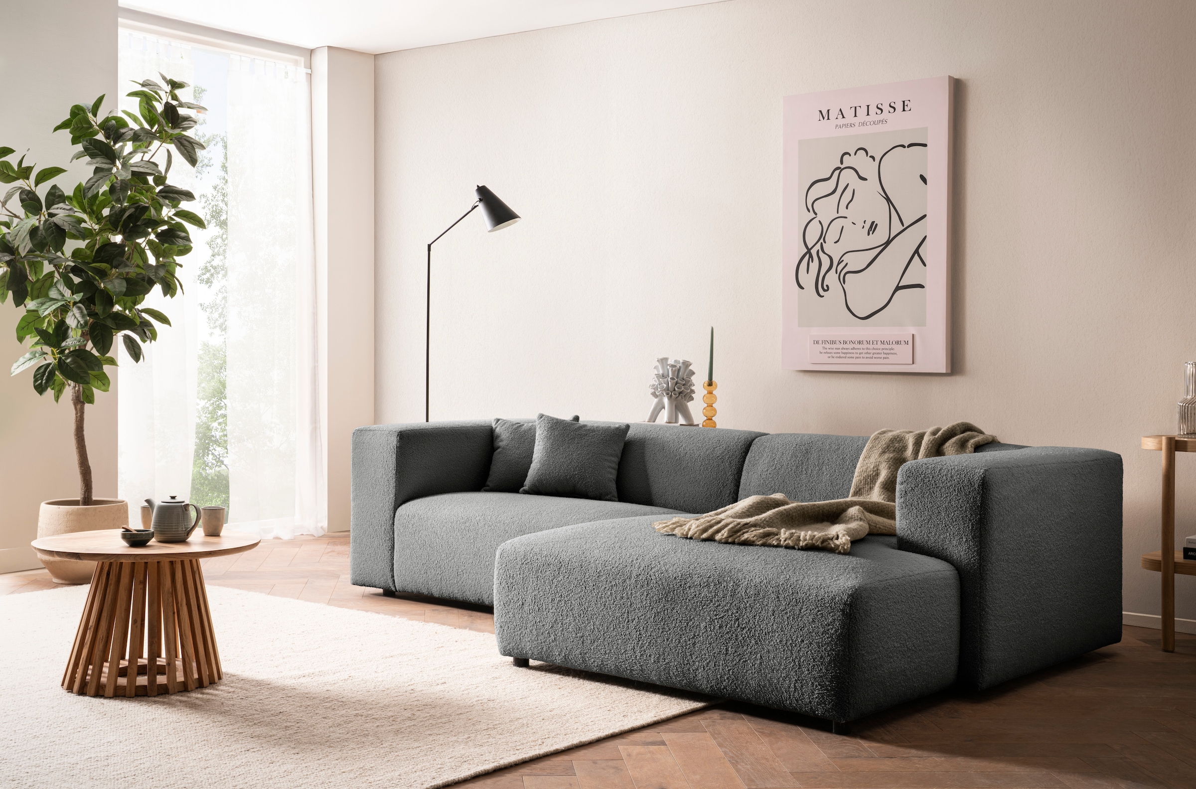 andas Ecksofa »BAKELS, L-Form in Cord oder Boucle-Stoff, moderne Couch«, wahlweise Recamiere rechts/links, bequemer Sitzkomfort