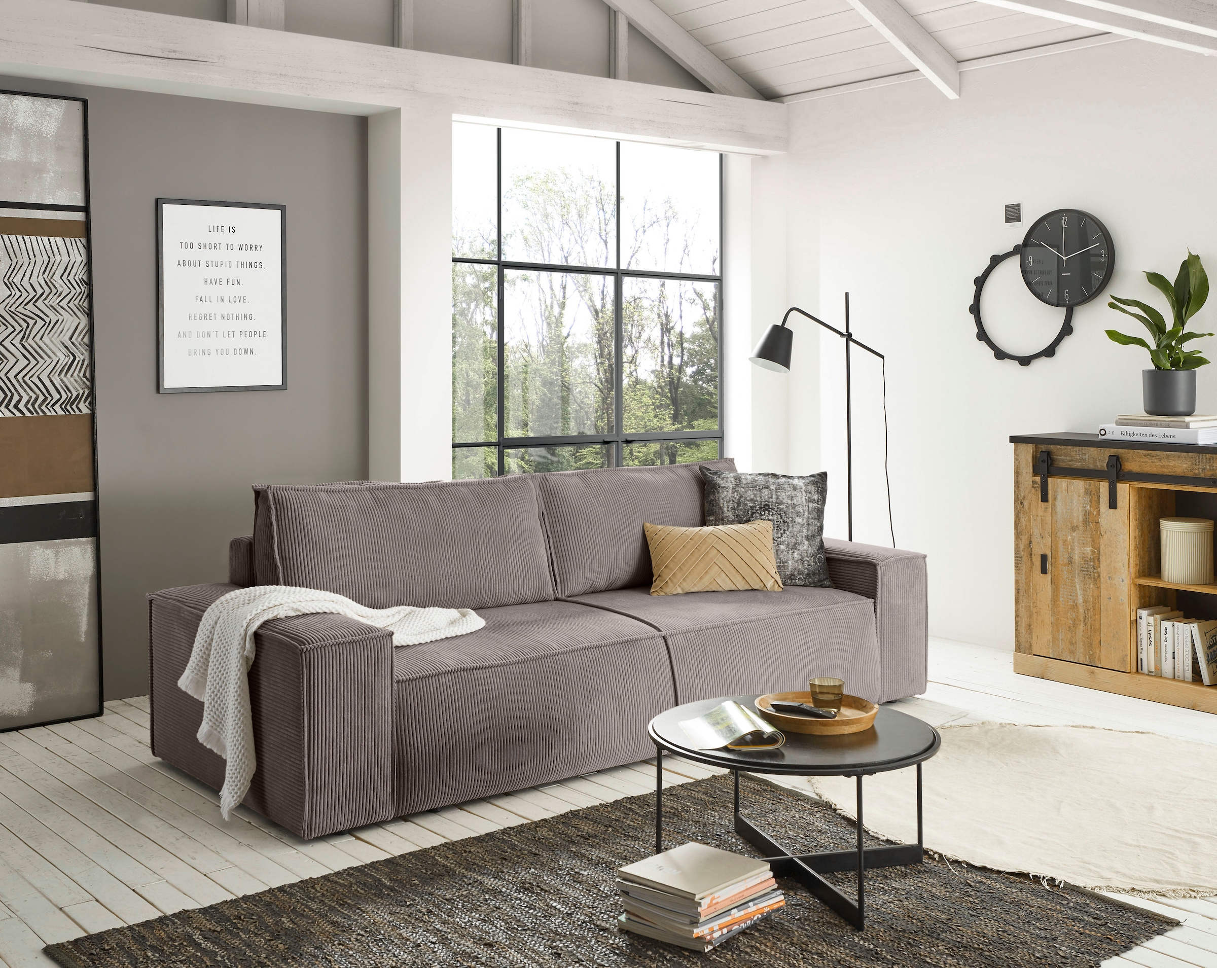 Home affaire 3-Sitzer »SHERWOOD Schlafsofa (257cm) Cord, Samtvelours, Vintage-Lederoptik«, Schlaffunktion mit Bettkasten (ca. 136/200cm)