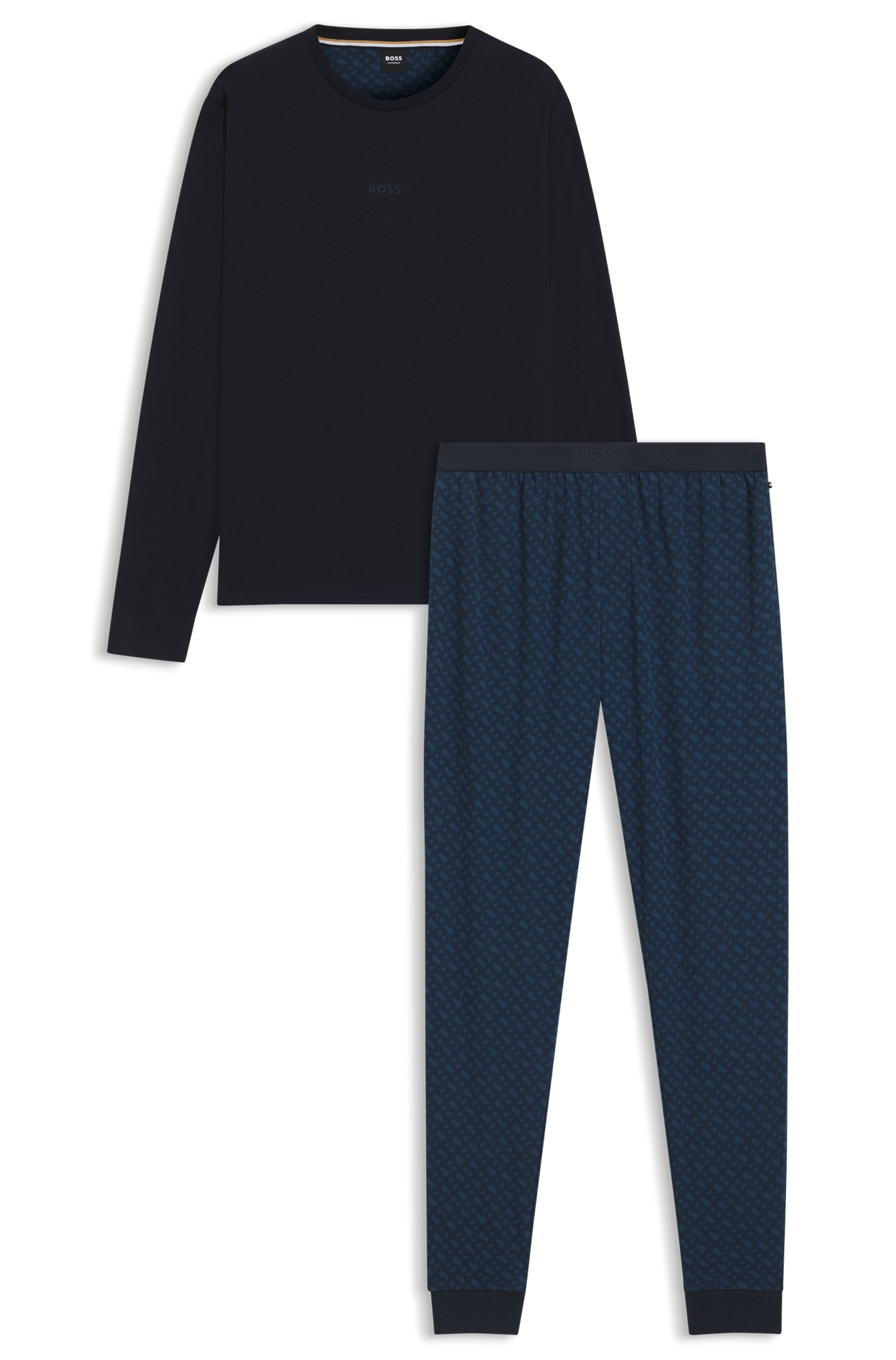 BOSS Pyjama »Relax Long Set«, (2 tlg.), Neuheit, Oberteil unifarben, Unterteil gemustert