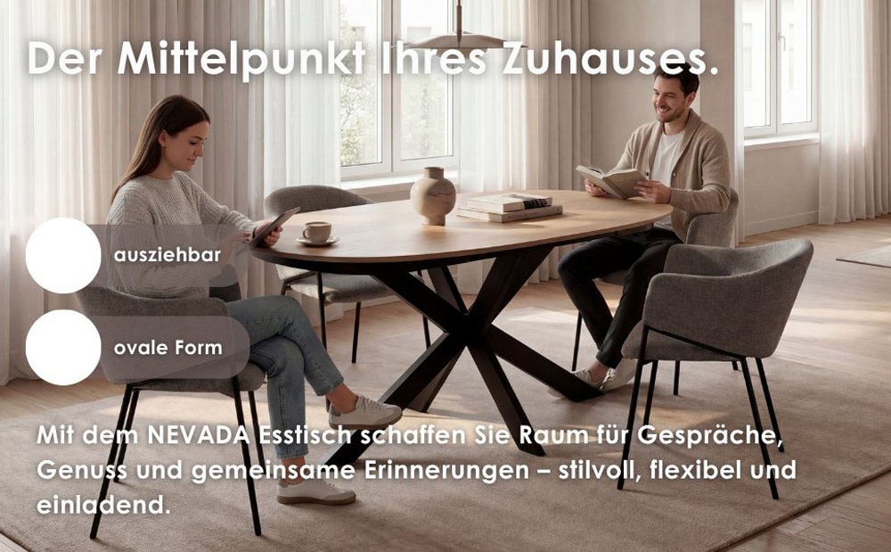 byLIVING Esstisch »NEVADA« Tischplatte Eiche natur, bis 100 kg, Säule (X-förmig), Mittelauszug