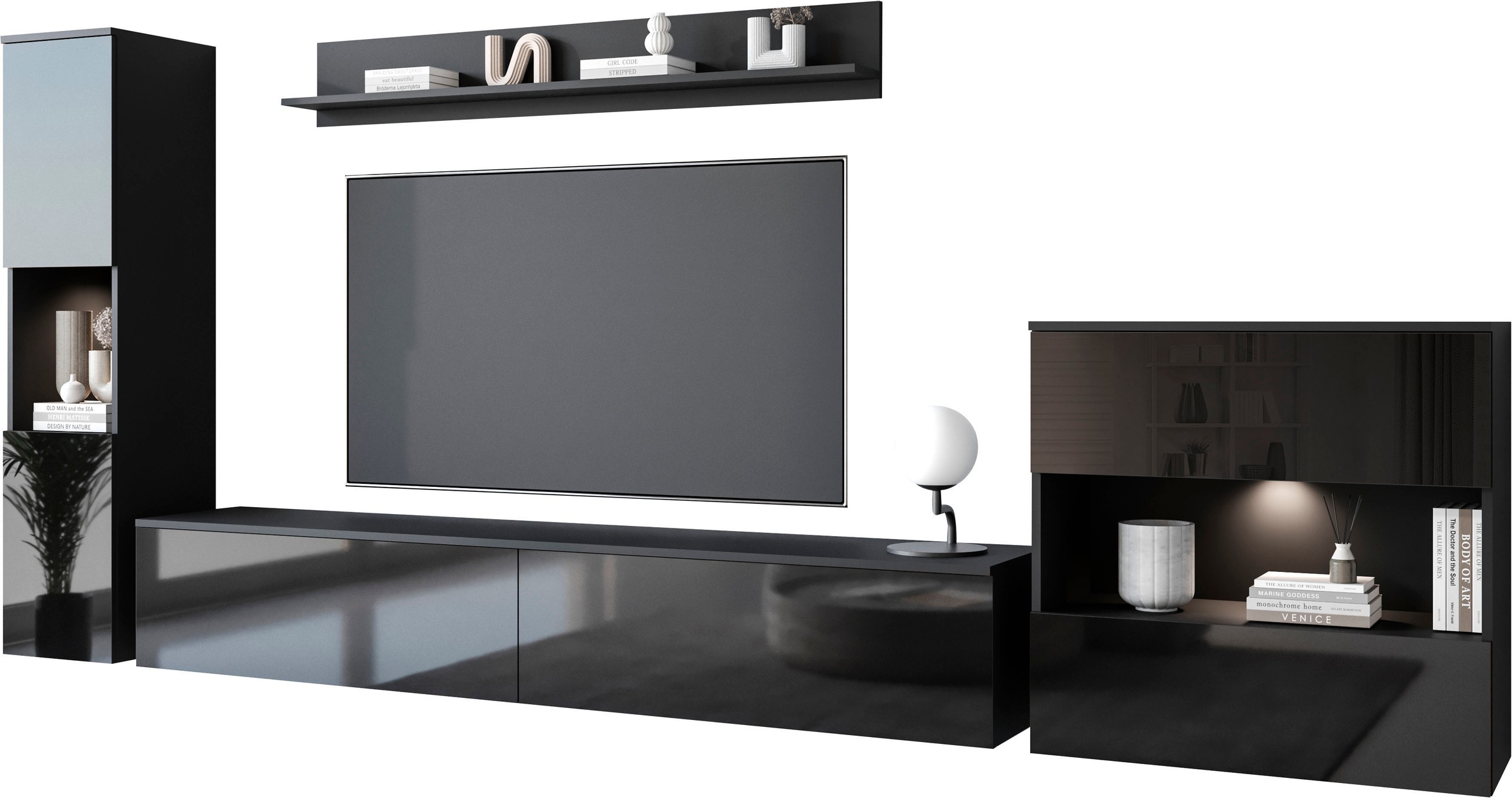 INOSIGN Wohnwand »PARIS«, (Komplett-Set, 4 St.), TV-Wand 300cm breite, grifflose Design, stehend und hängend montierbar