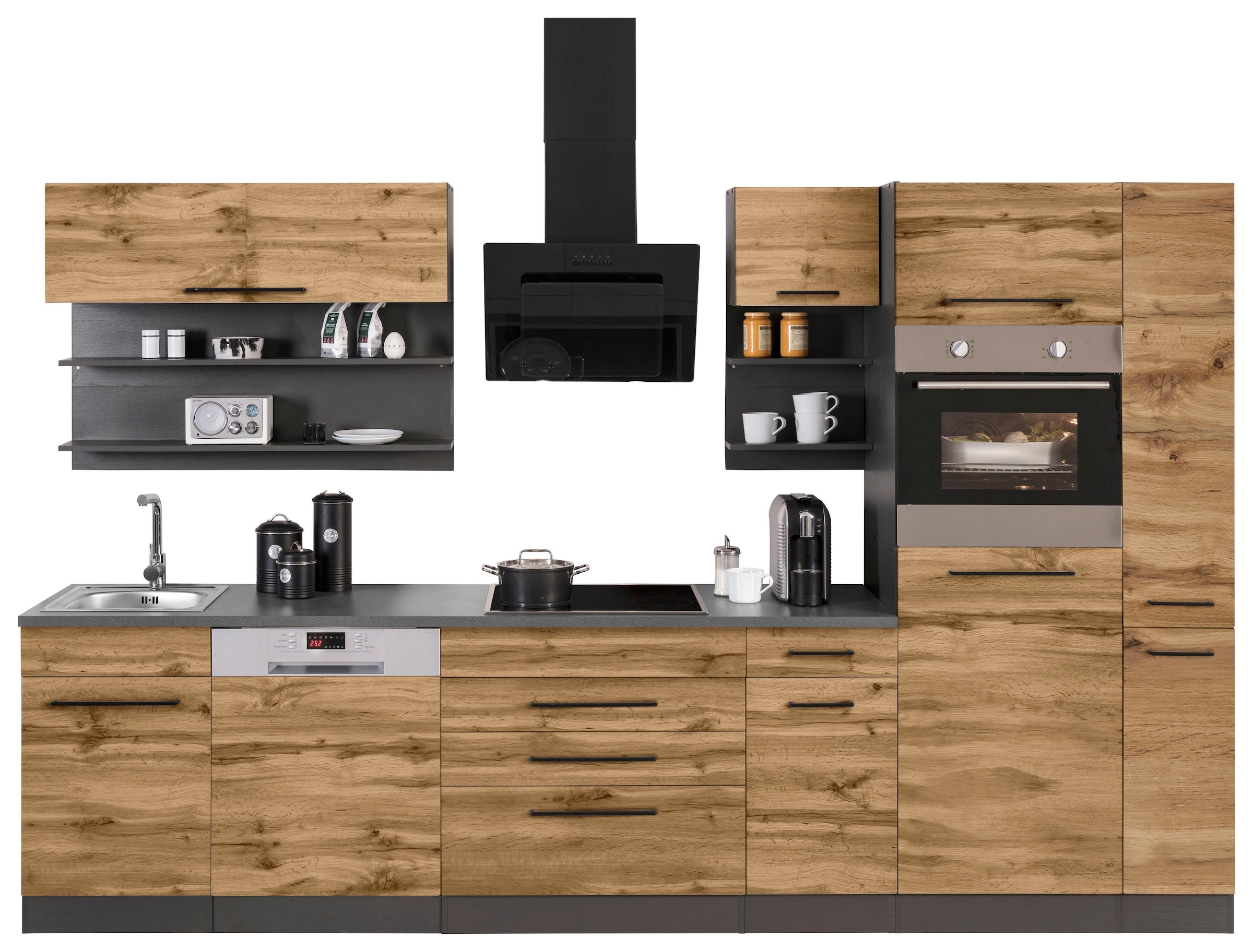 KOCHSTATION Küchenzeile »KS-Tulsa«, ohne E-Geräte, Breite 320 cm, schwarze Metallgriffe, MDF Fronten