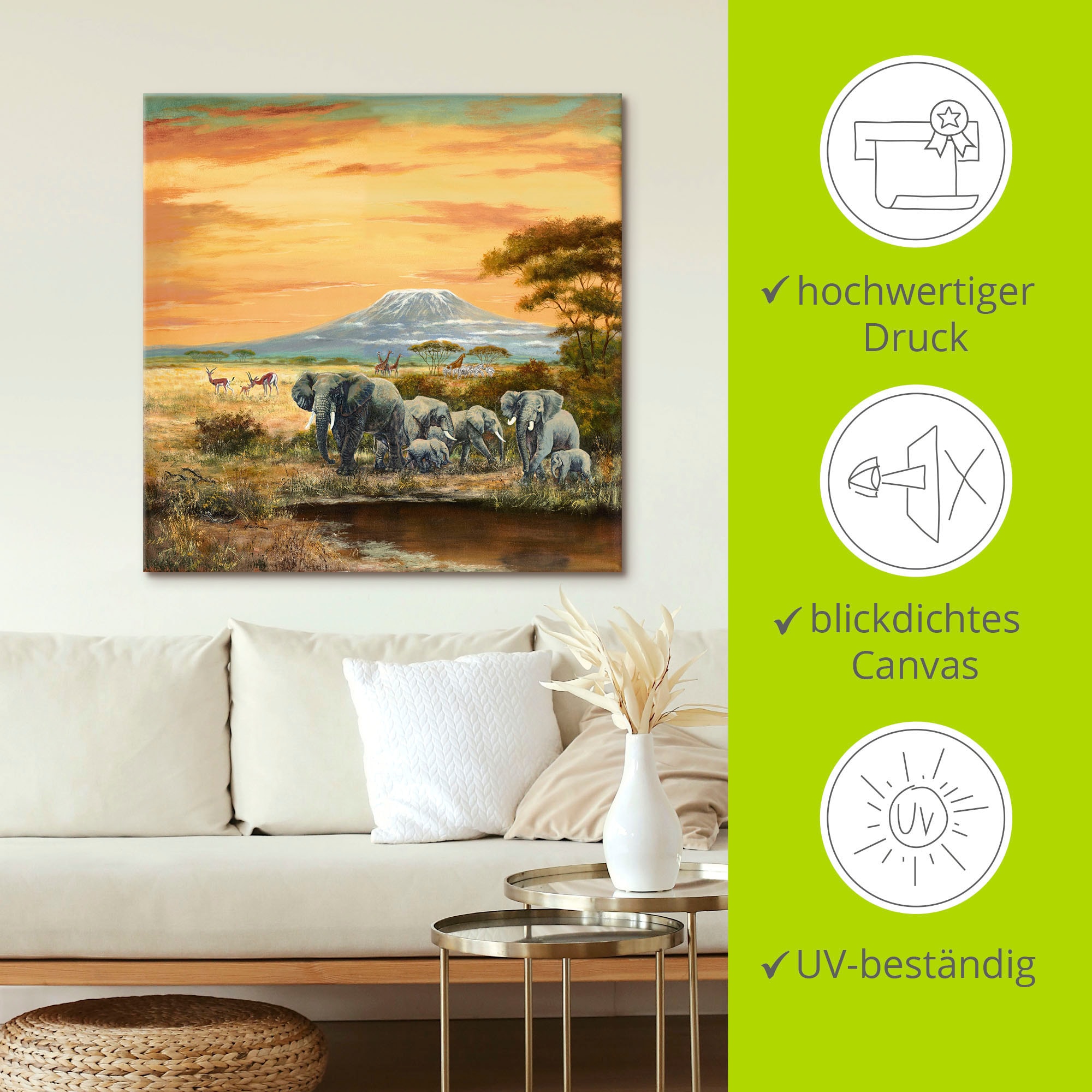 Artland Wandbild »Afrikalandschaft mit Elefanten«, Wildtiere, (1 St.), als Leinwandbild, Poster in verschied. Größen