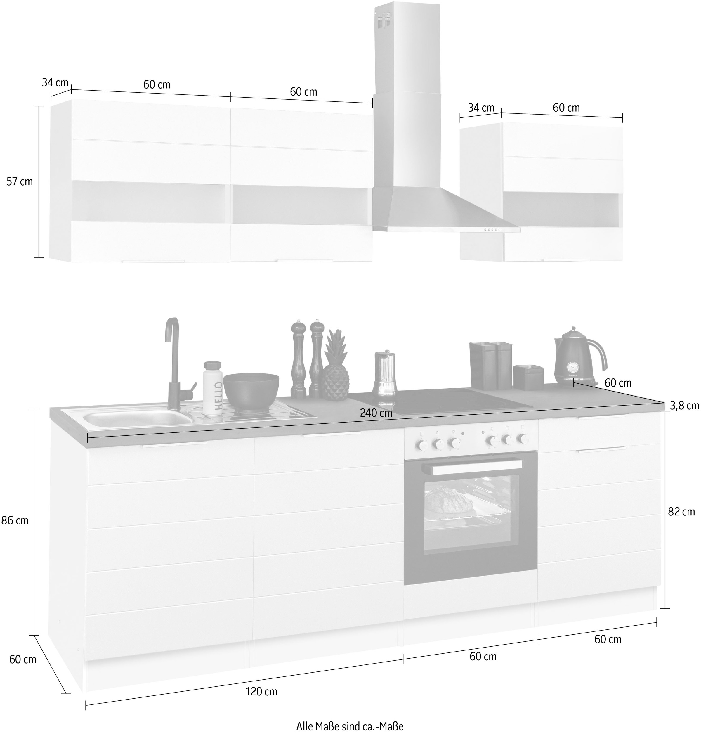 HELD MÖBEL Küche bestellen ohne auf wahlweise gefräste MDF-Fronten mit breit, 240 cm Raten »Luhe«, oder E-Geräten