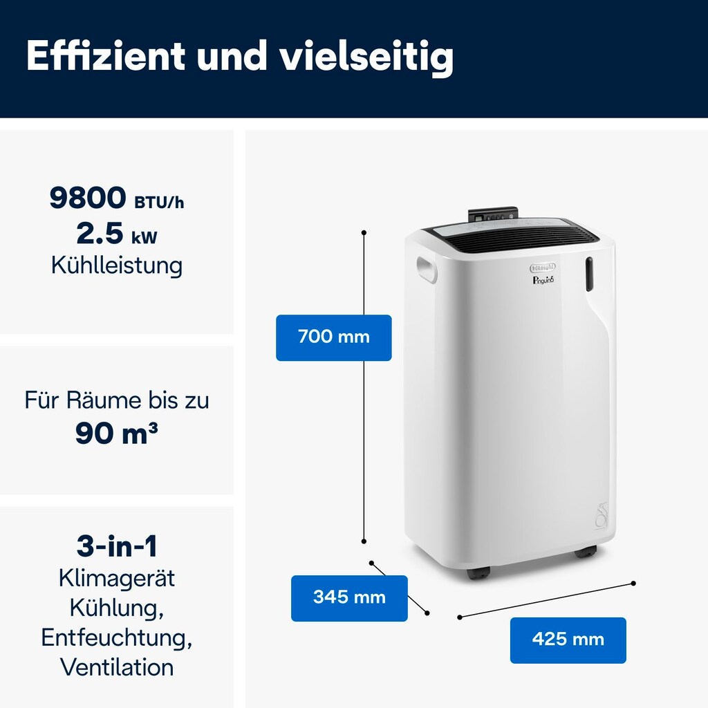 De'Longhi 3-in-1-Klimagerät »PAC EM90 Silent«, Mobiles Klimagerät mit Entfeuchtungs-Funktion, für Räume bis zu 90 m³