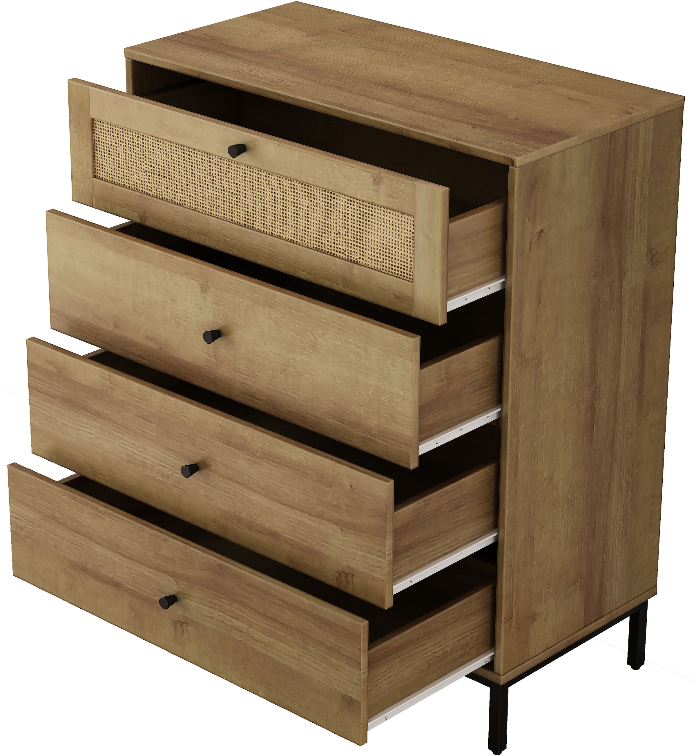 OTTO home Kombikommode »Motala Sideboard Wäscheschrank im BOHO Design Bestseller Kommode« Eichen-Design mit Geflecht Schublade und schwarzen Griffen, 