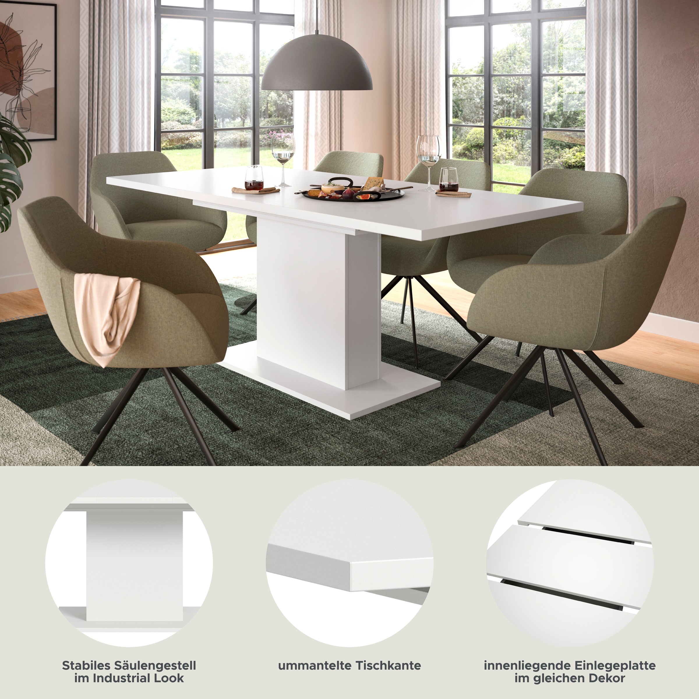 INOSIGN Esstisch »Motus, ausziehbar 150 -190 cm, inklusive 40 cm Einlegeplatte«, (Set, 1 St.), Säulengestell mit Bodenplatte, Tisch, Küchentisch, Esszimmer, Küche