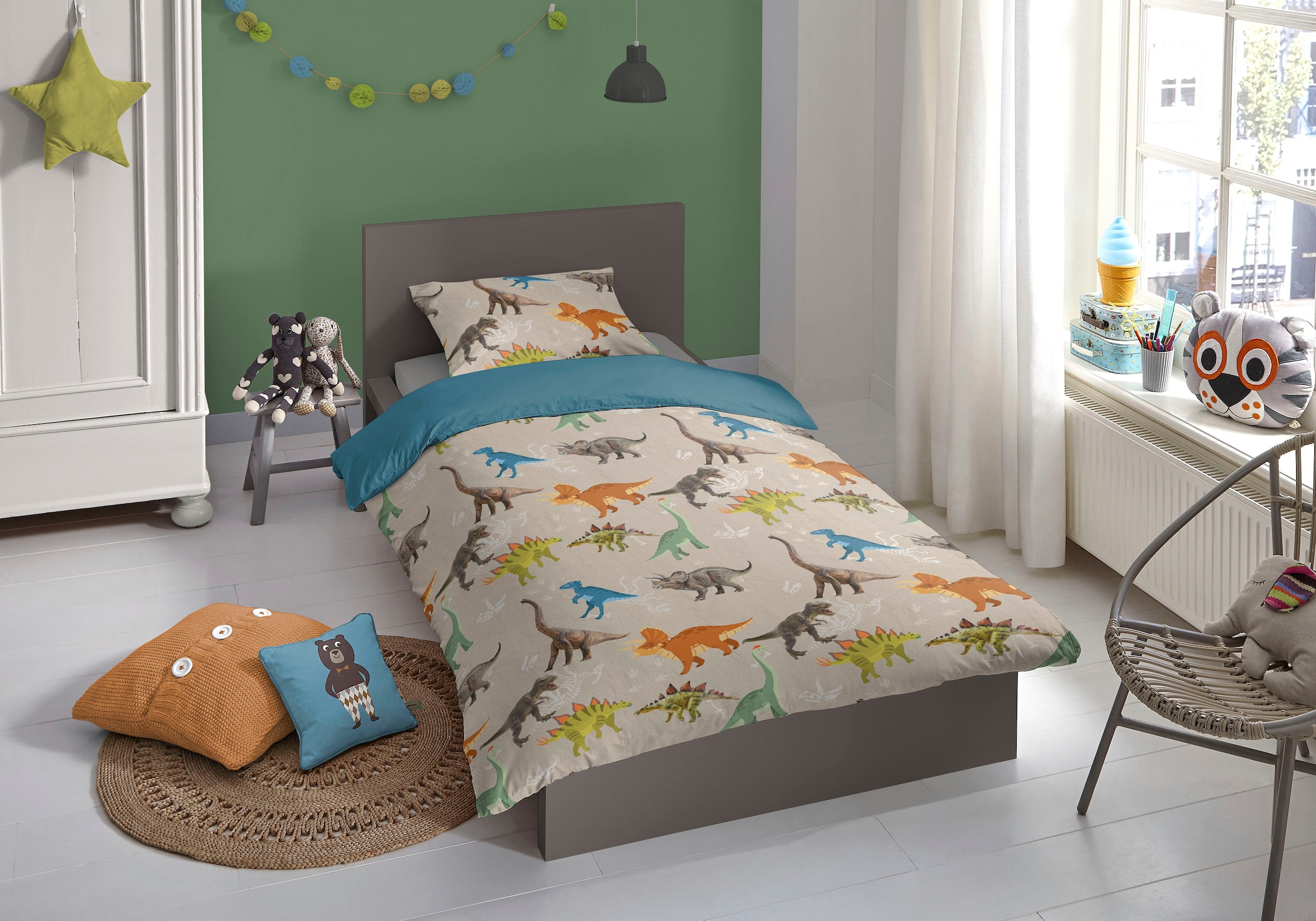 good morning Kinderbettwäsche »Ross«, Baumwolle, 135x200, Reißverschluss, Wendeoptik, Kind, Junge, Dino