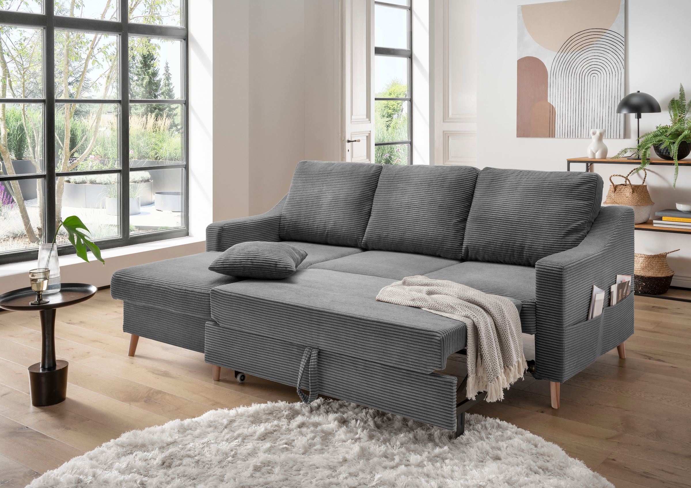 INOSIGN Ecksofa »Valentina L-Form«, 2 Zierkissen, mit Seitentasche, ausziehbarer Liegefläche, Bettkasten